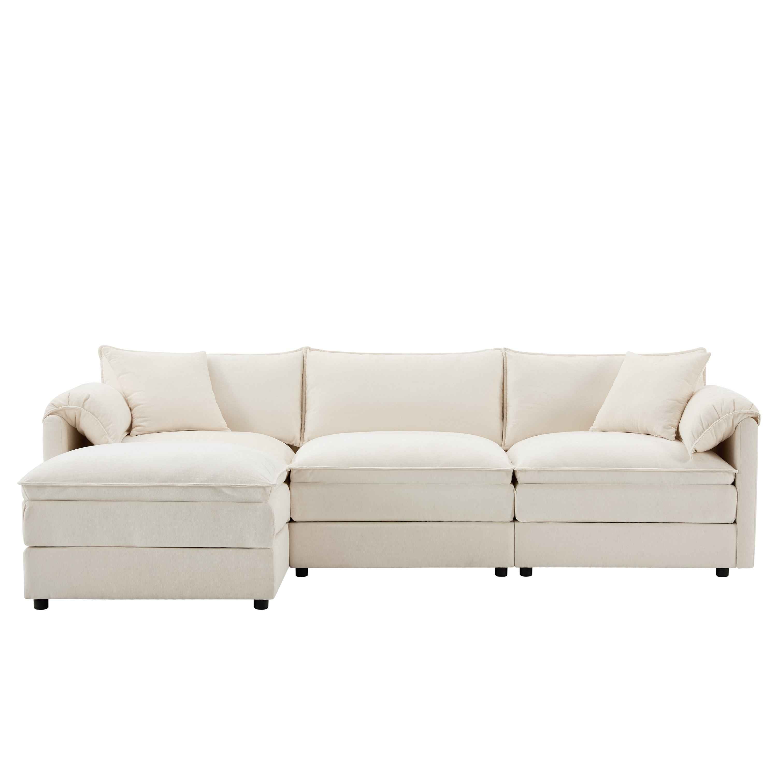 Chenille Modular Sectional Sofa with Deep Seat and Movable Ottoman in Cream