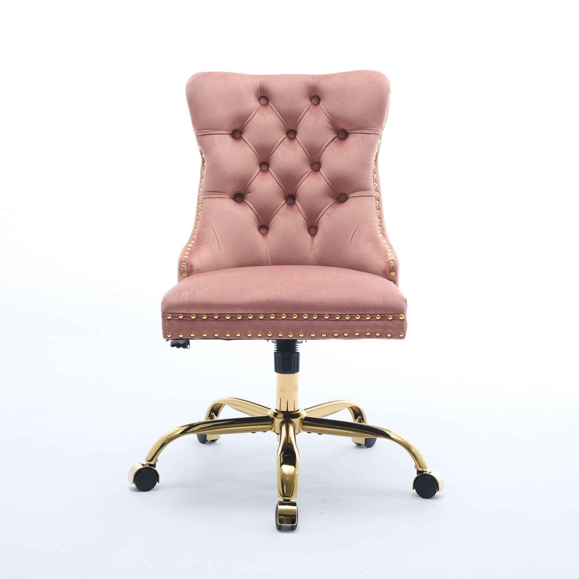 A&A Furniture Office Chair,Modern Velvet Upholstered Tufted Button Home Office Chair with Golden Metal Base,Adjustable Desk Chair Swivel Office Chair (Pink)