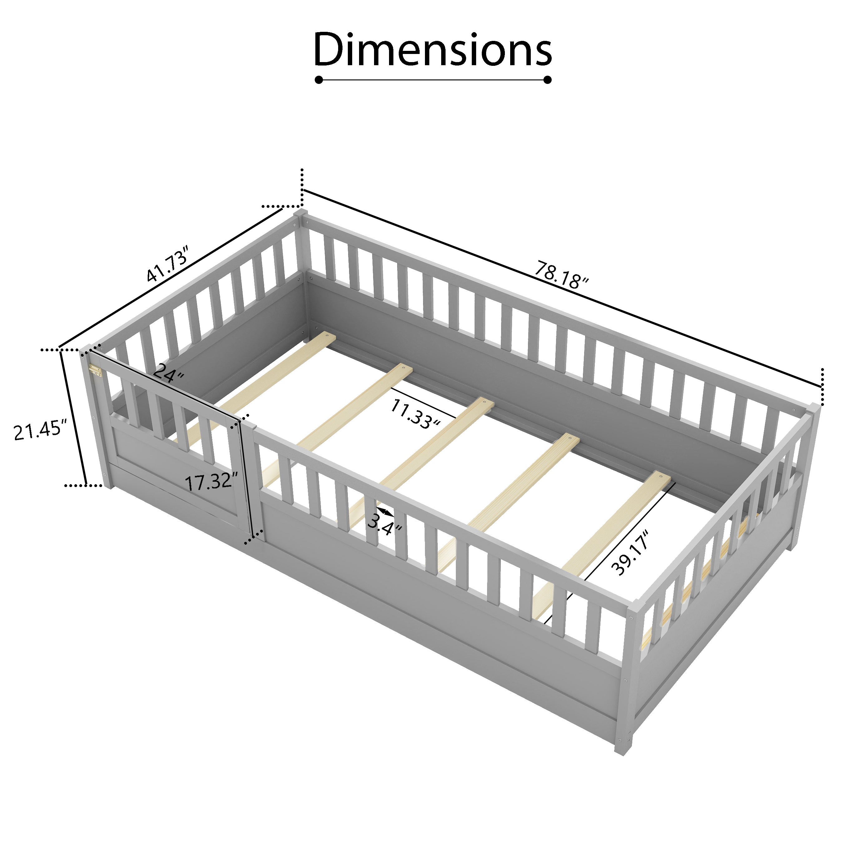 Twin Size Floor bed, integral construction with super high security barrier, door, children's floor bed frame, Montessori wooden children's floor bed, Support slat Grey