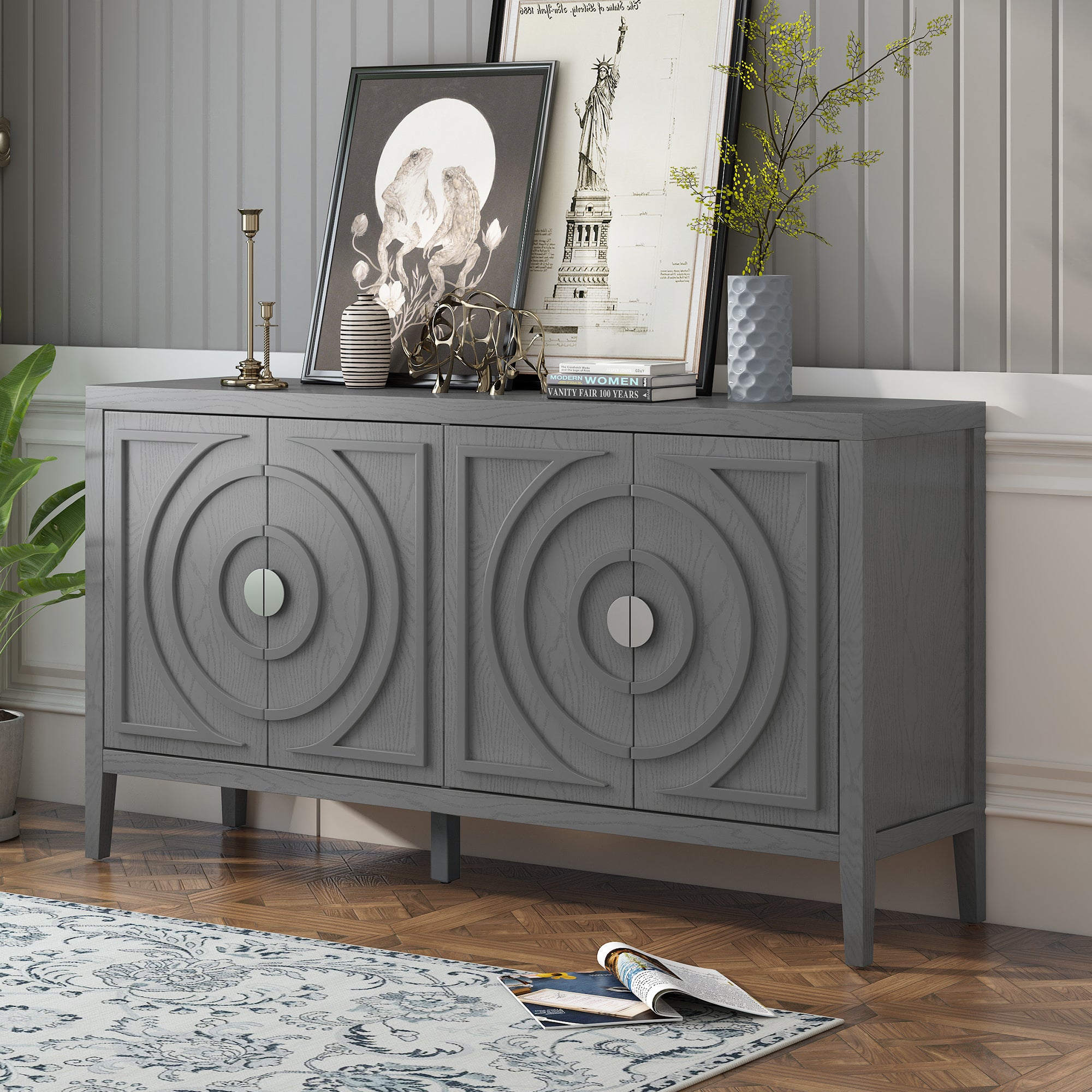 TREXM Retro Sideboard door with Circular Groove Design Round Metal Door Handle for Entrance, Dinning Room, Living Room (Gray)