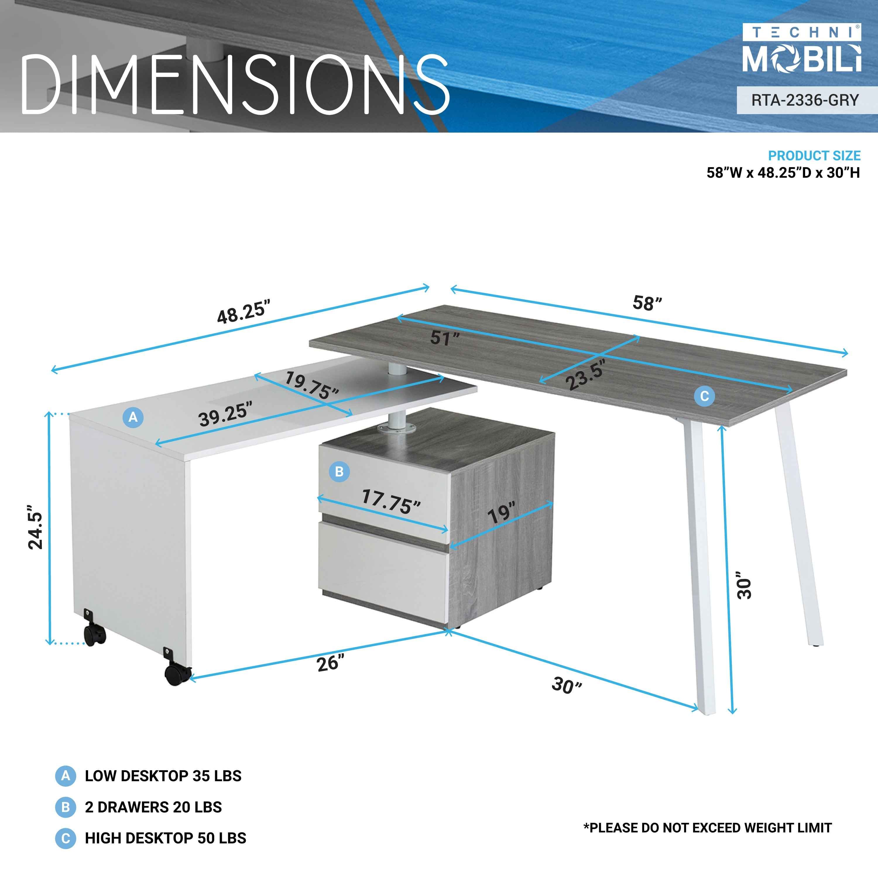 Techni Mobili Rotating Multi-Positional Modern Desk, Grey