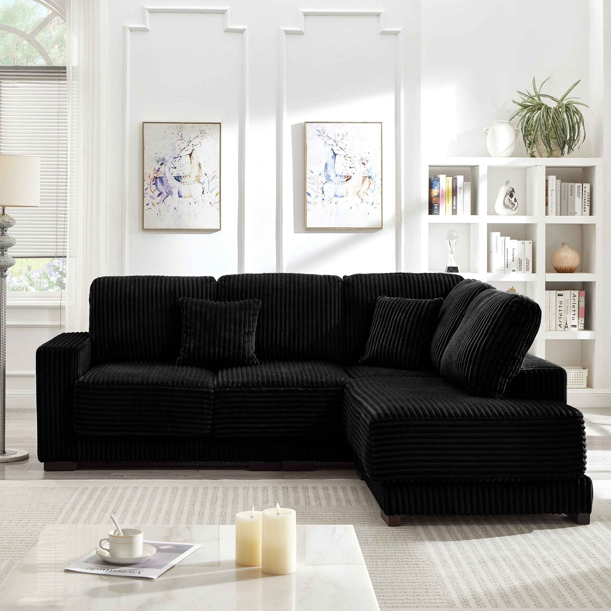 93' Sectional Sofa, L Shaped Sofa Couch with Reversible Chaise Lounge, Upholstered Soft Corduroy Couch for Living Room, Apartment (Black)