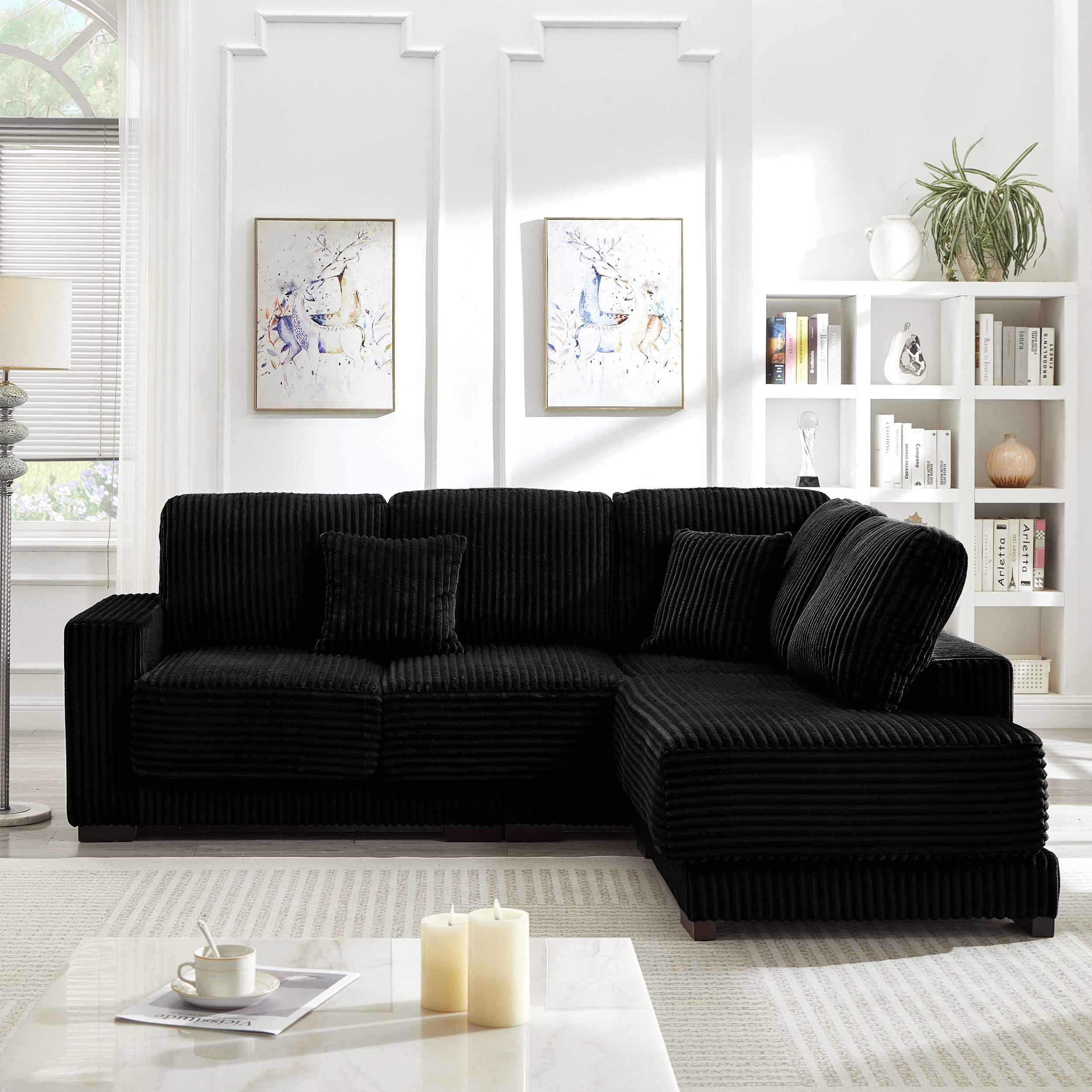 93' Sectional Sofa, L Shaped Sofa Couch with Reversible Chaise Lounge, Upholstered Soft Corduroy Couch for Living Room, Apartment (Black)