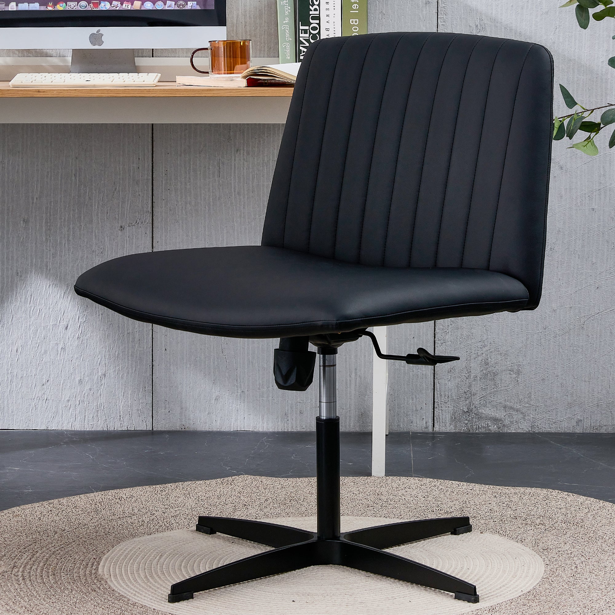 Black High Grade Pu Material. Home Computer Chair Office Chair Adjustable 360 ° Swivel Cushion Chair With Black Foot Swivel Chair Makeup Chair Study Desk Chair. No WheelsW115167391