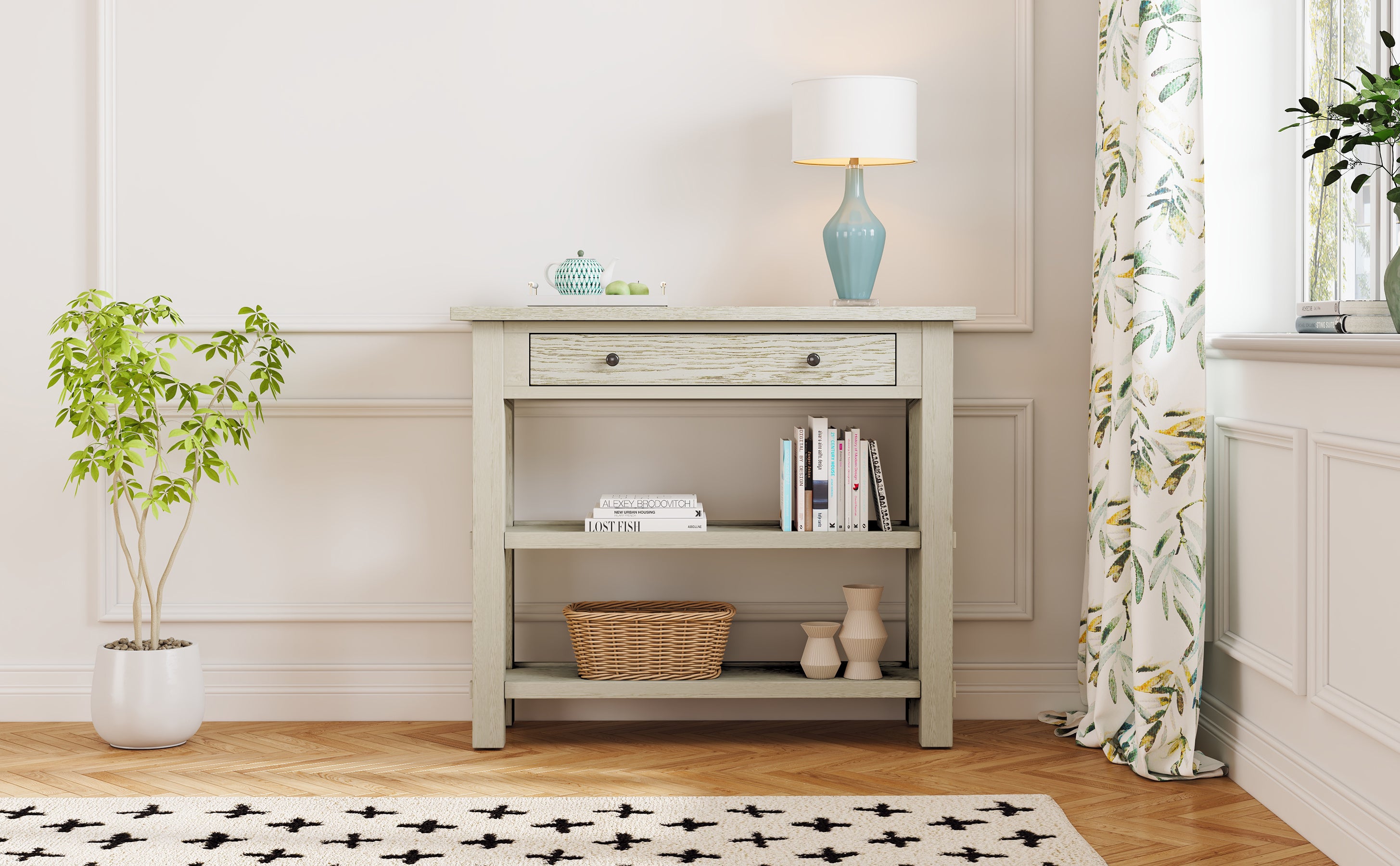 TREXM Retro Console Table with Drawer and Two Sturdy Shelves for Entryway, Living Room (Gray Wash)