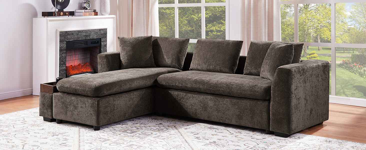 Elegant L-Shaped Sectional Sofa with Chenille Upholstery and Wooden Storage Compartment, Brown