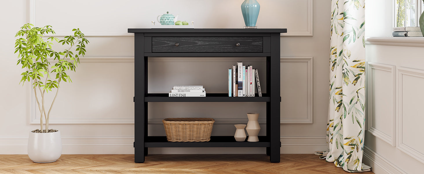 TREXM Retro Console Table with Drawer and Two Sturdy Shelves for Entryway, Living Room (Black)