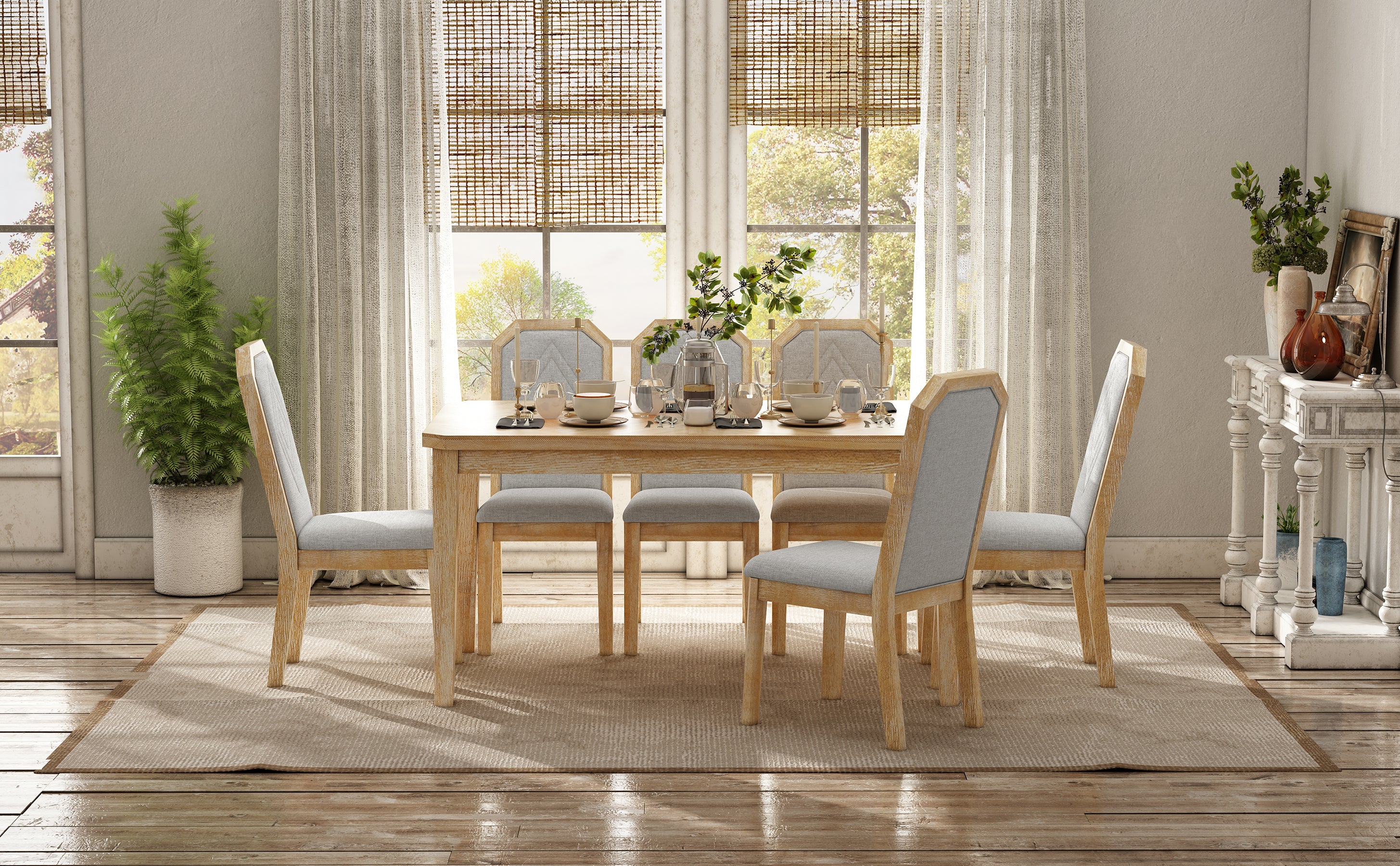 TREXM 7-Piece Farmhouse Dining Set Classic Rustic Table and 6 high-back design Chairs for Dining Room, Kitchen (Natural Wood Wash)