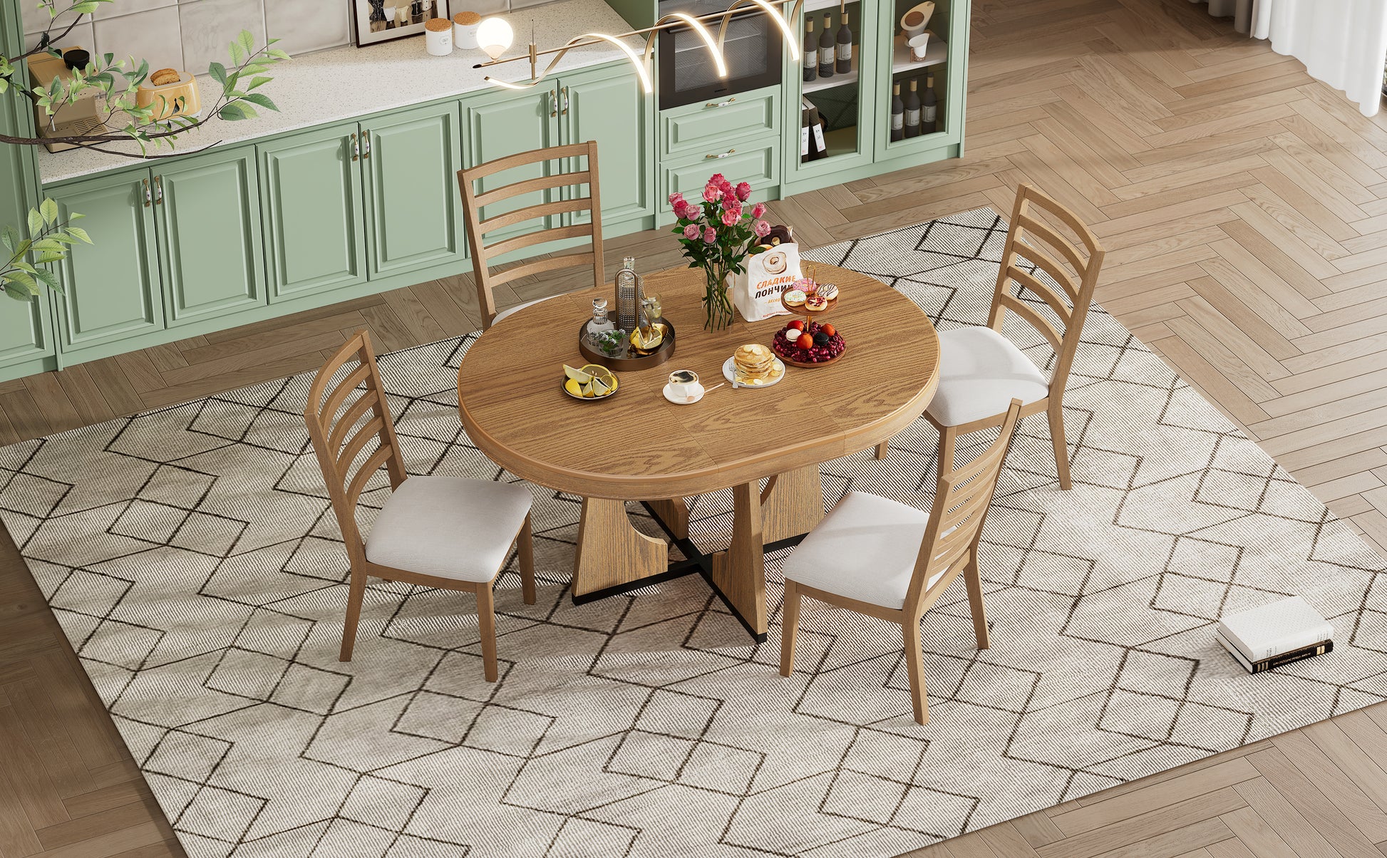 TREXM 5-Piece Retro Rustic Functional Dining Set Unique Geometric Design, 1 Extendable Table with a 16-inch Leaf and 4 Upholstered Chairs Ideal for Dining Room and Kitchen (Natural) - Abrihome