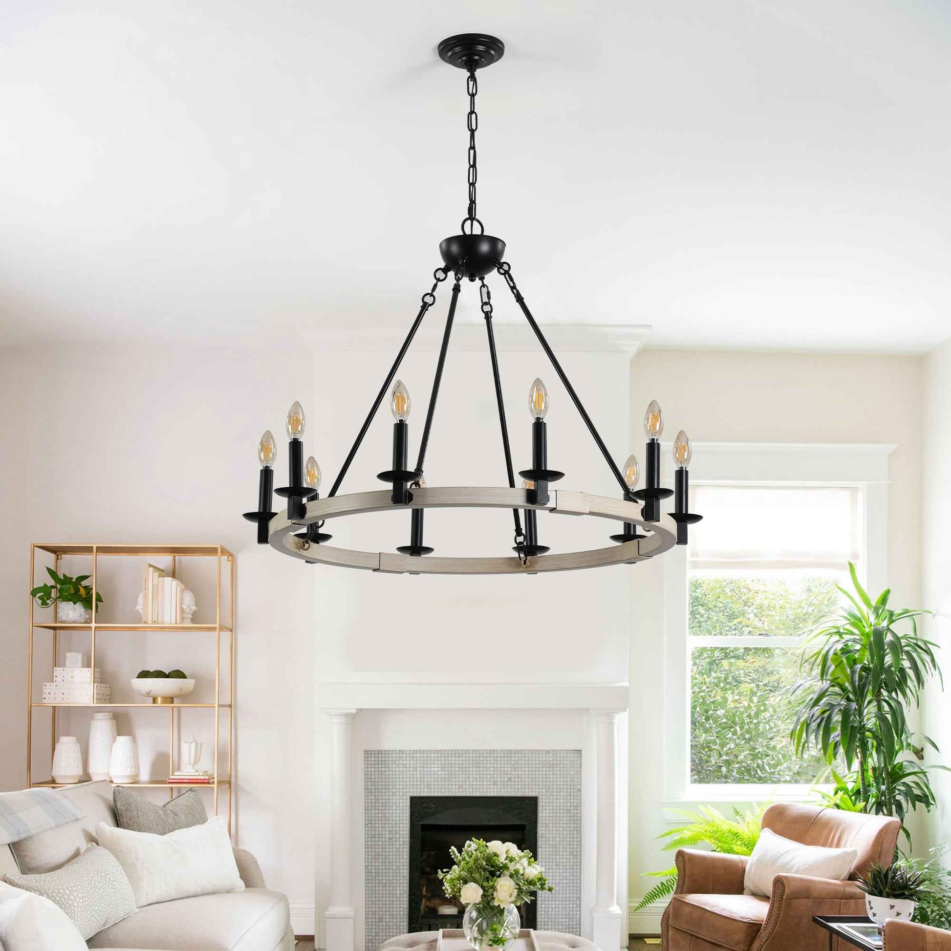 32' Rustic Farmhouse 10-Light Candle Chandelier, Black Metal and Wood Round Hanging Light Fixture for Dining Room, Kitchen, Living Room, Adjustable Height, E12 Bulb Base (No Bulbs)