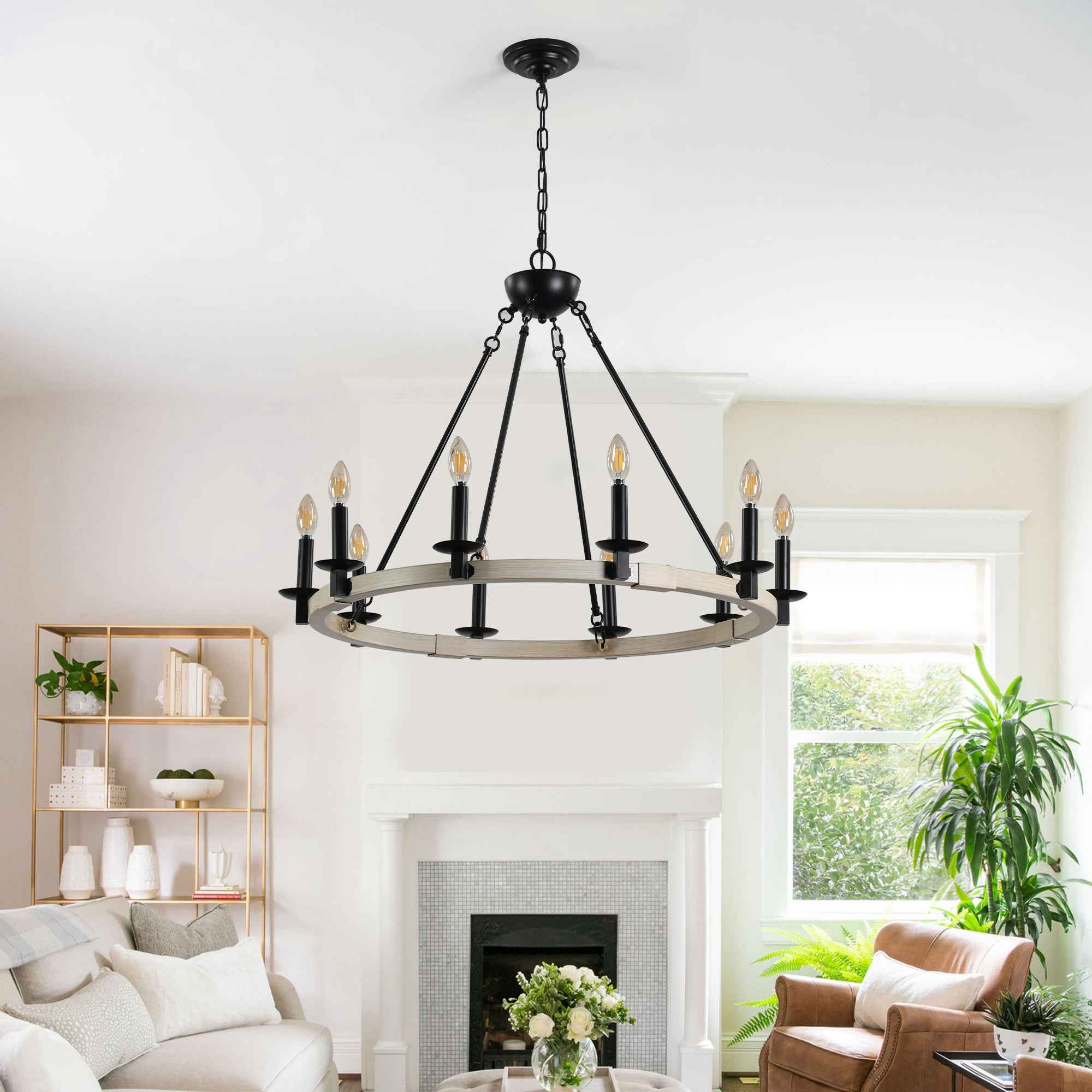 32' Rustic Farmhouse 10-Light Candle Chandelier, Black Metal and Wood Round Hanging Light Fixture for Dining Room, Kitchen, Living Room, Adjustable Height, E12 Bulb Base (No Bulbs)