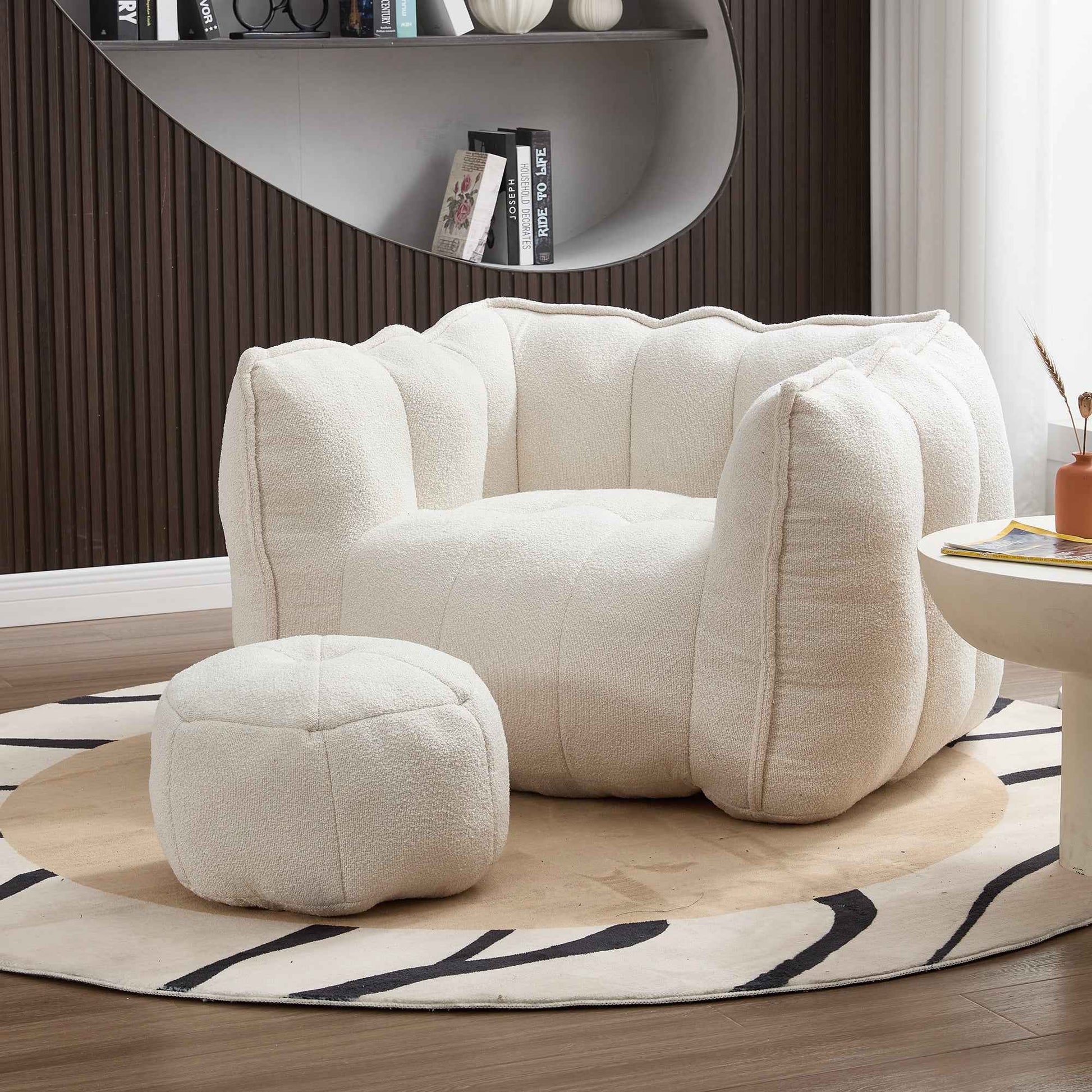 Soft Chenille Bean Bag Chair with High Resilient Foam for Living Room and Bedroom, Comfortable Square Lazy Sofa with Footstool for Adults