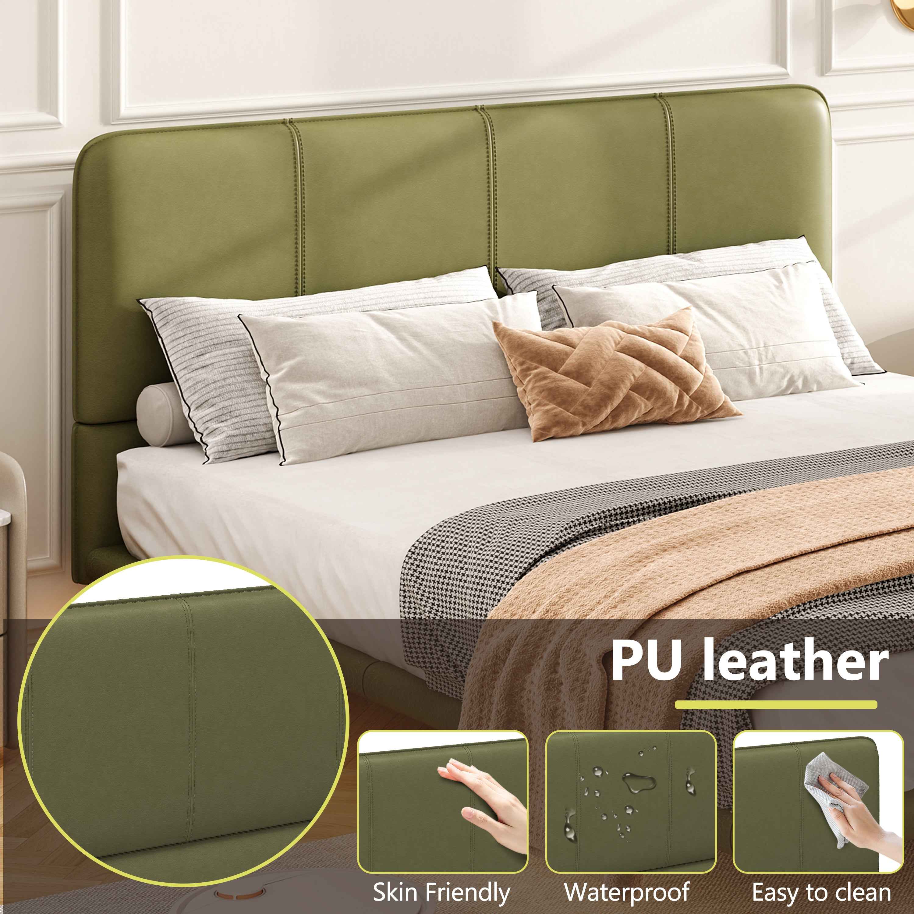 Floating Bed Frame with LED Light, Modern PU Leather Platform Bed, No Boxing Spring Needed, Assemble Easily, Full Size