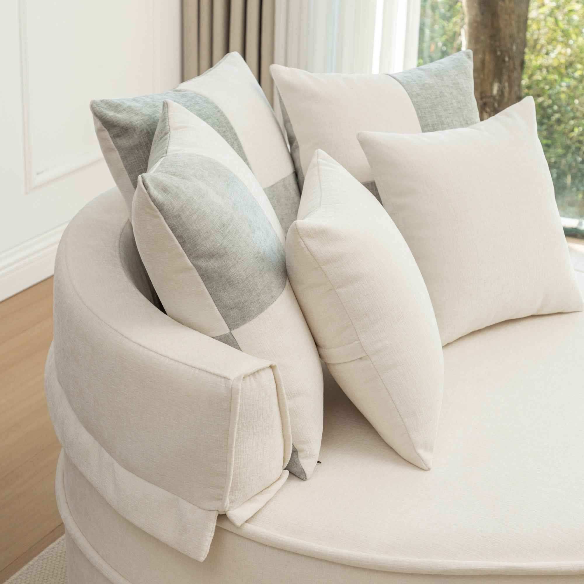 Modern Oversized Beige Round Barrel Accent Chair with Ottoman - Velvet Upholstered Lounge Armchair with 5 Pillows for Living Room or Bedroom