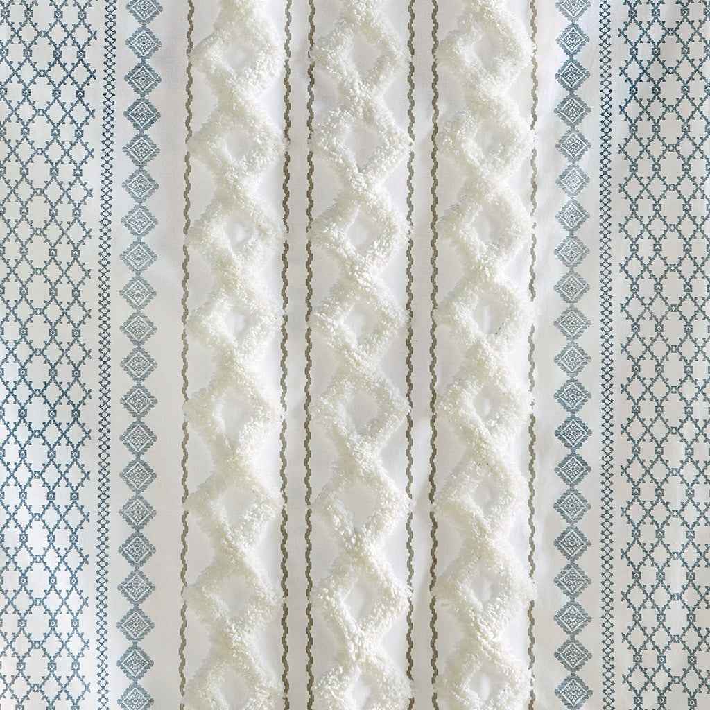 Cotton Printed Curtain Panel with Chenille Stripe and Lining White/Navy 50x95'