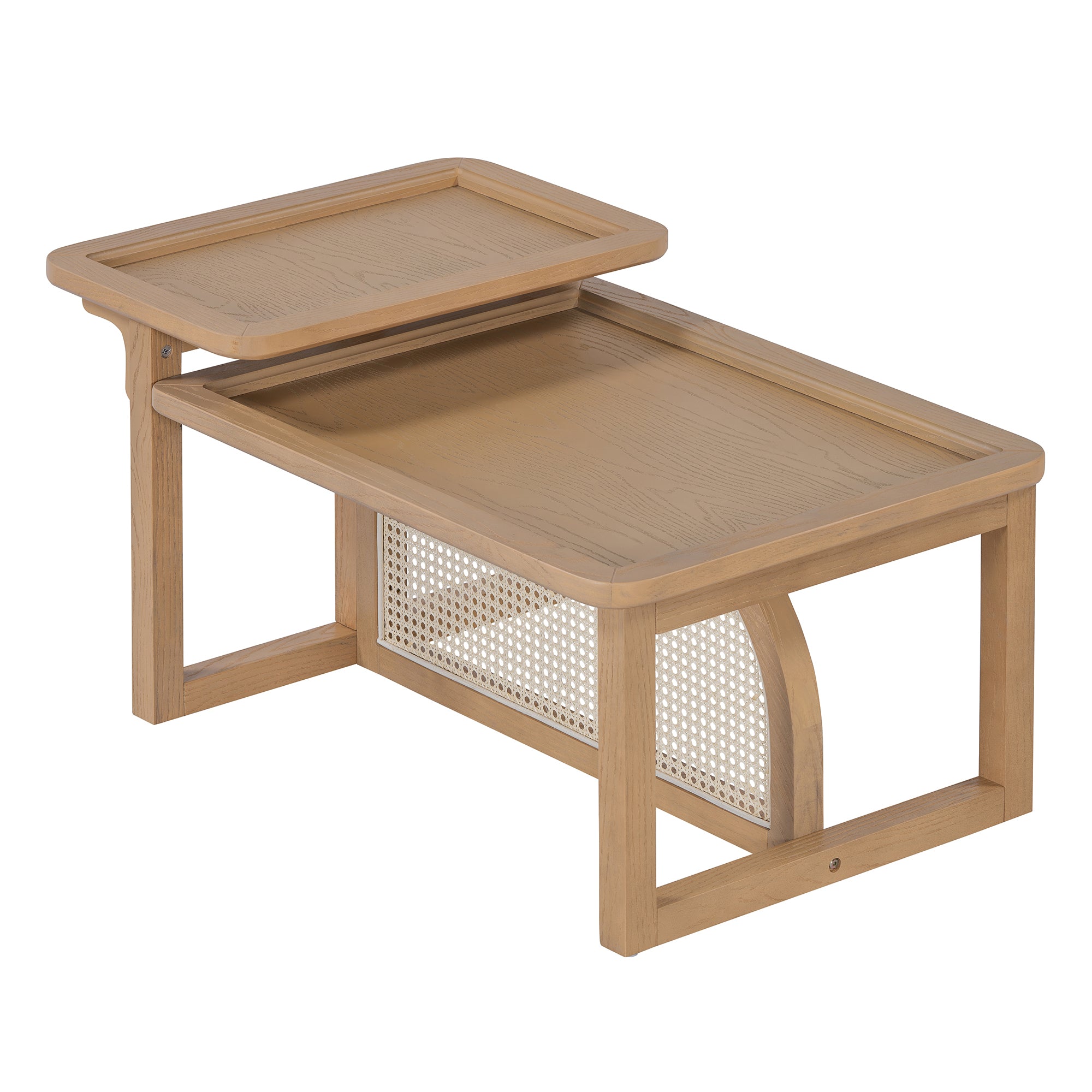 Modern 2 Piece Nesting Rattan Wood+ MDF Coffee Table Set in Natural - Abrihome