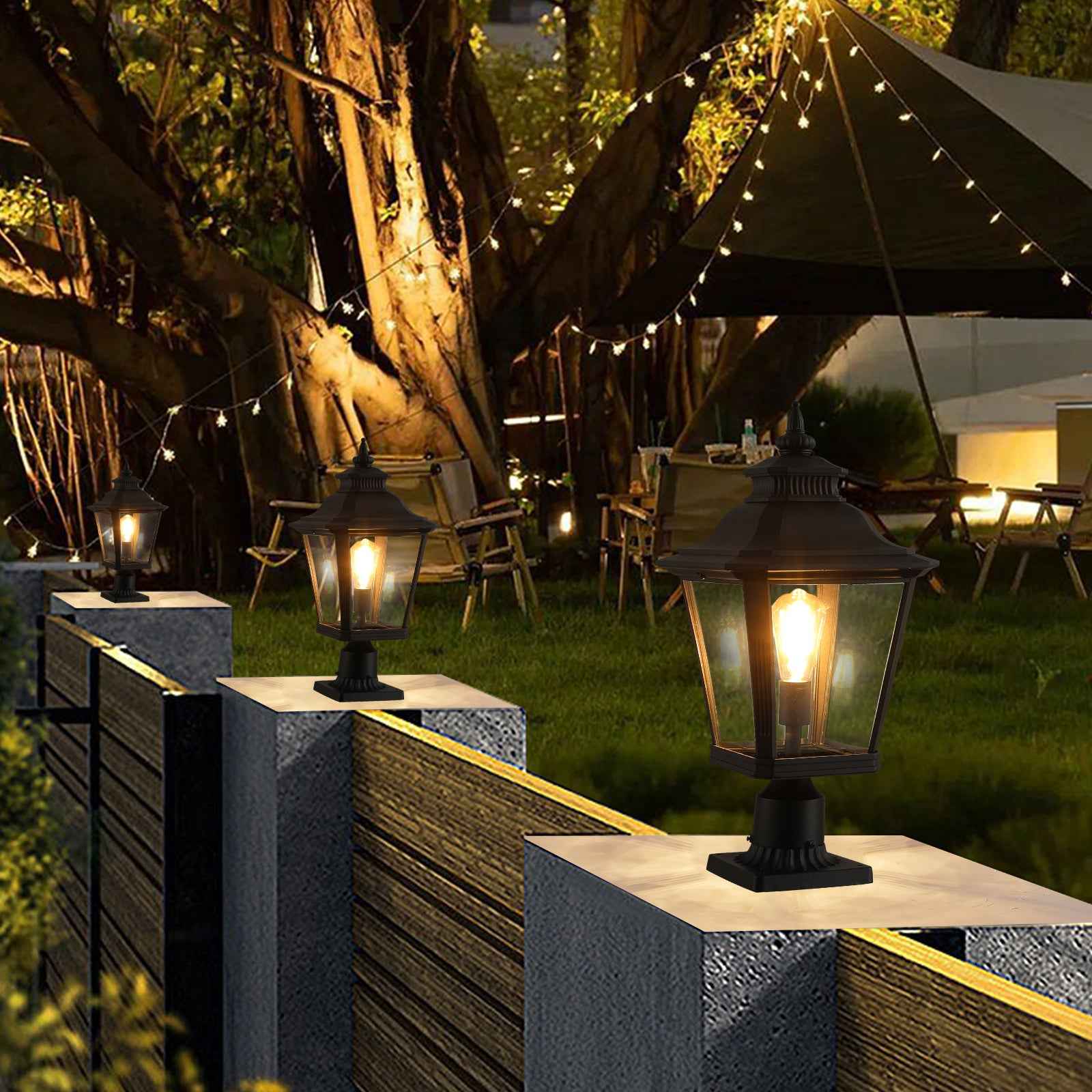 21'(H) 2-Pack Outdoor Post Lantern Light – Vintage Black Metal & Clear Glass Pillar Lamp for Garden, Gate, Driveway, and Pathway Lighting with Elegant Design (Bulb Not Included)