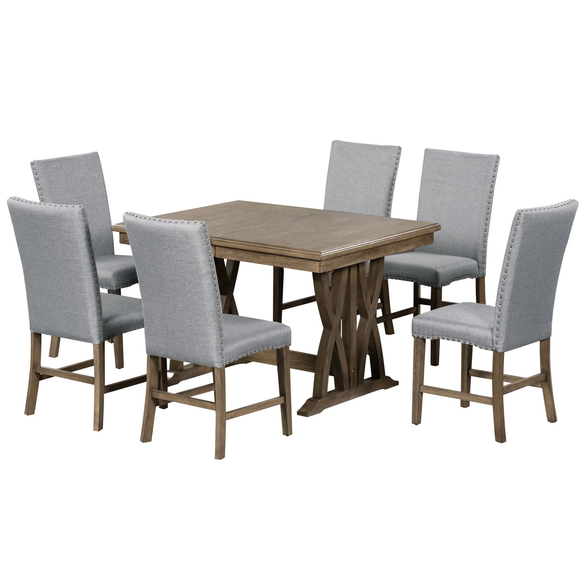 TOPMAX Mid-Century Solid Wood 7-Piece Dining Table Set Extendable Kitchen Table Set with Upholstered Chairs and 12" Leaf for 6, Golden Brown+Gray Cushion