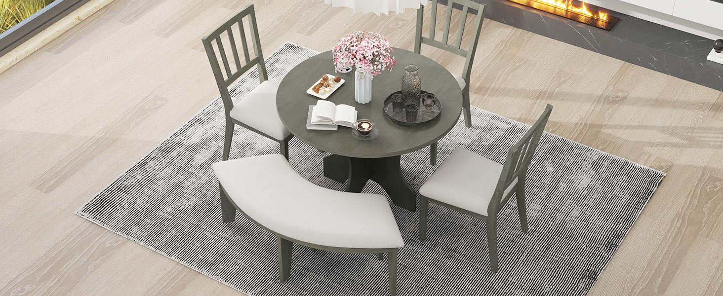 TREXM 5-piece Rustic Charm Round Dining Set with 3 Upholstered Chairs and Curved Bench for Dining Room, Kitchen and Living room (Gray)