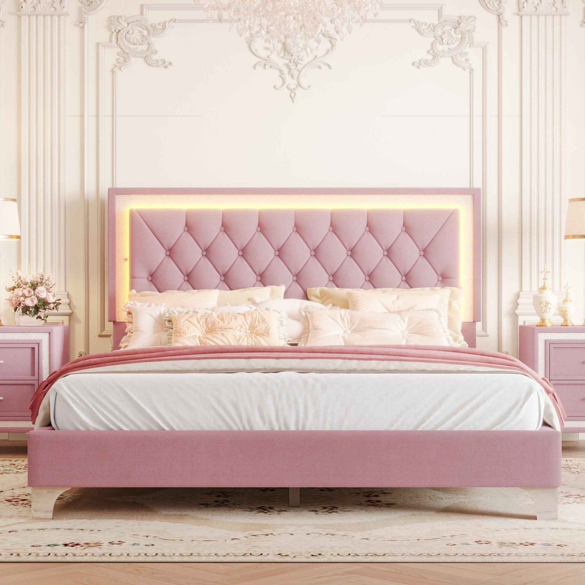 Queen Size Upholstered Bed Frame with LED Lights,Modern Velvet Platform Bed with Tufted Headboard,Pink