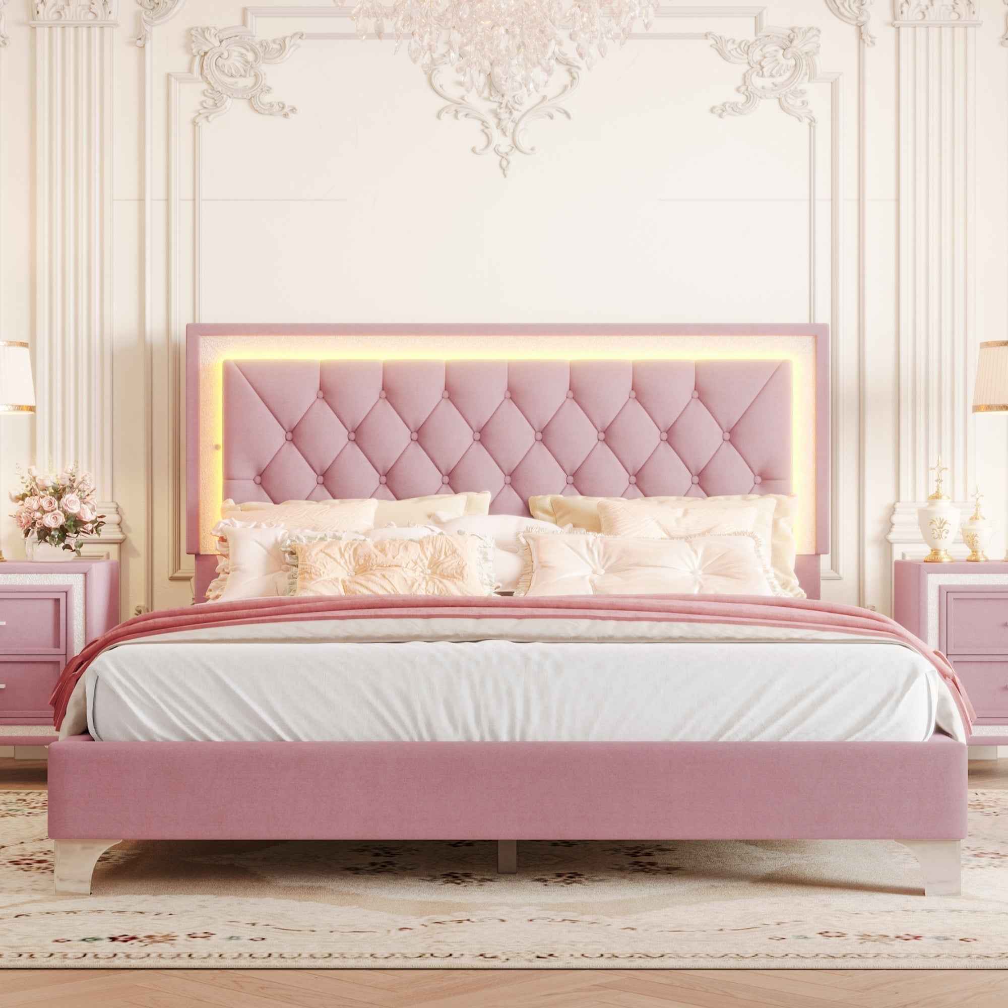 Queen Size Upholstered Bed Frame with LED Lights,Modern Velvet Platform Bed with Tufted Headboard,Pink