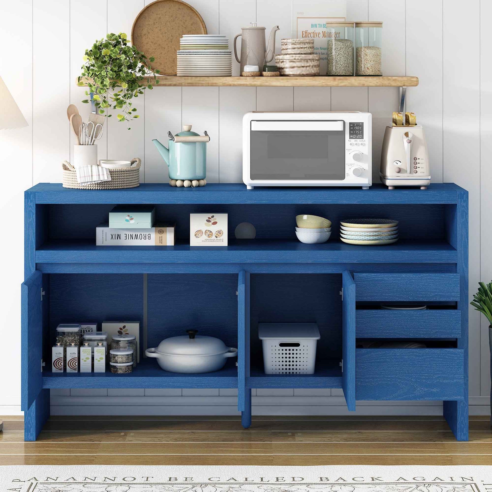 U_Style 60' 3-Door Sideboard with 3 Drawers - Modern Solid Ash Veneer MDF Sideboard, Semi-Open Shelf & Center Semi-Circular Cutout in Back Panel, Large Storage Cabinet for Living Room, Hallway, Dining
