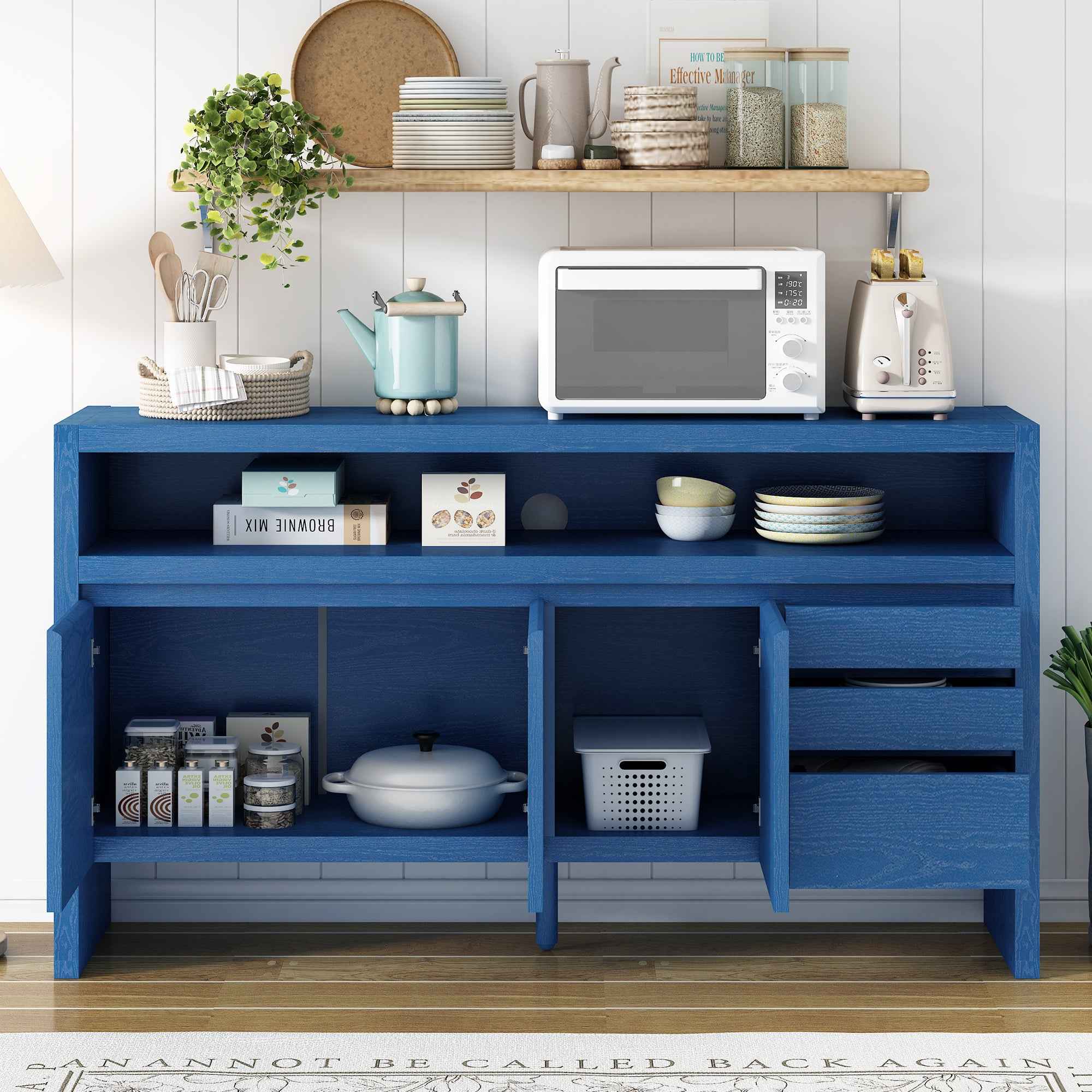 U_Style 60' 3-Door Sideboard with 3 Drawers - Modern Solid Ash Veneer MDF Sideboard, Semi-Open Shelf & Center Semi-Circular Cutout in Back Panel, Large Storage Cabinet for Living Room, Hallway, Dining