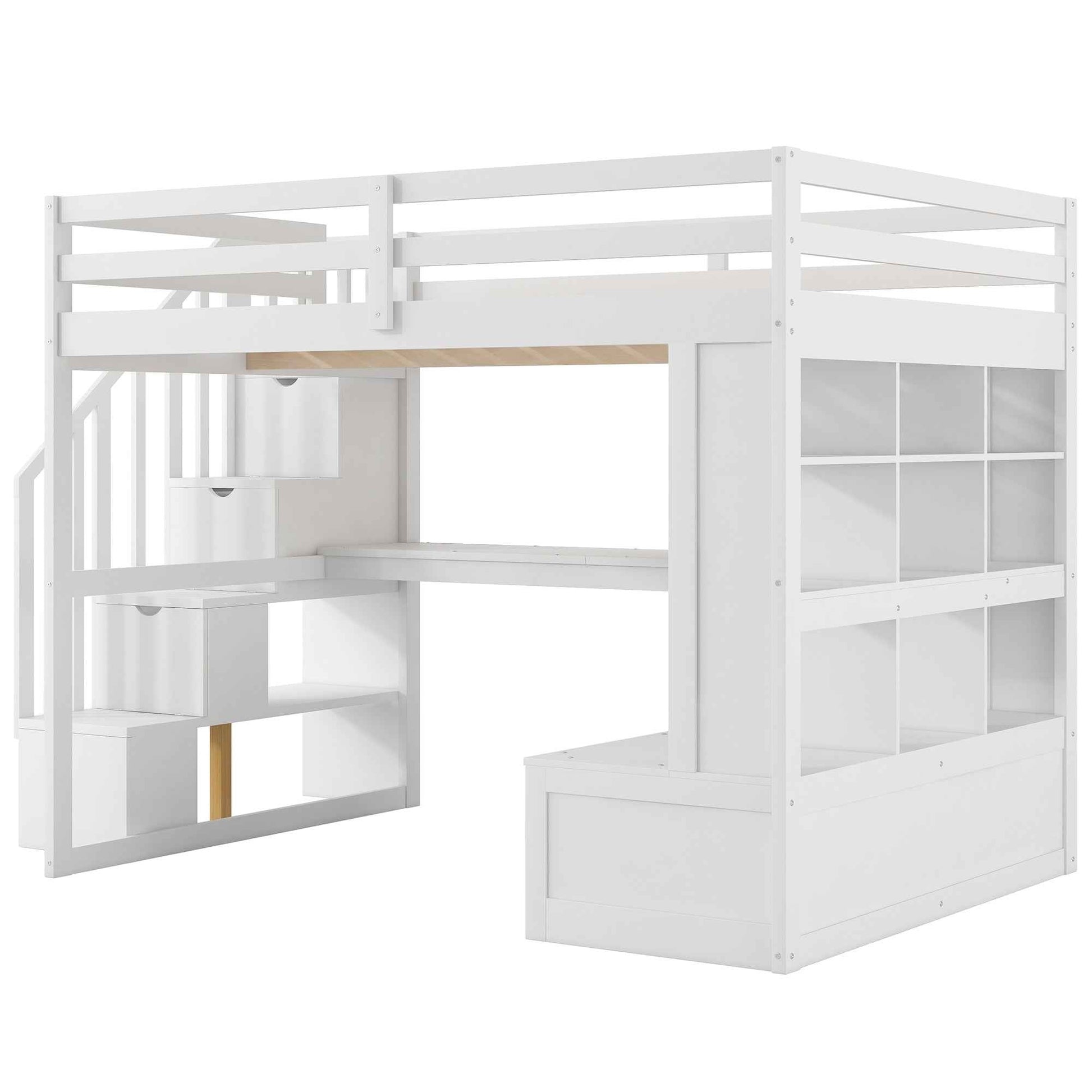 White Full Size Loft Bed with Built-in Desk, Shelves, Two Drawers, Storage Staircase, Solid Pine Wood and MDF