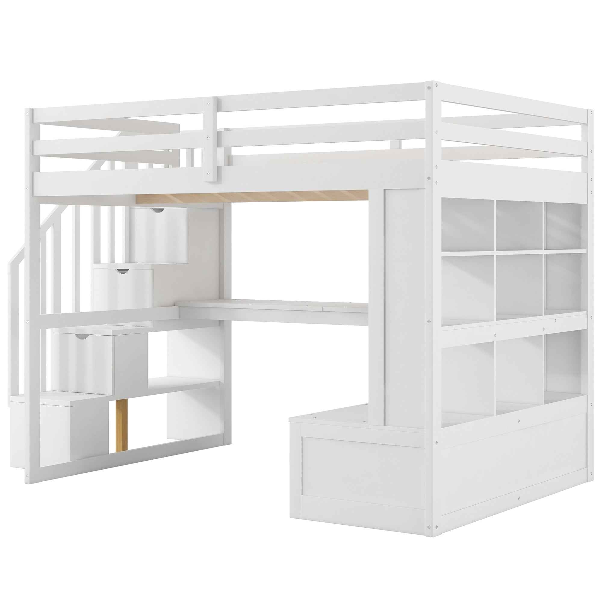 White Full Size Loft Bed with Built-in Desk, Shelves, Two Drawers, Storage Staircase, Solid Pine Wood and MDF