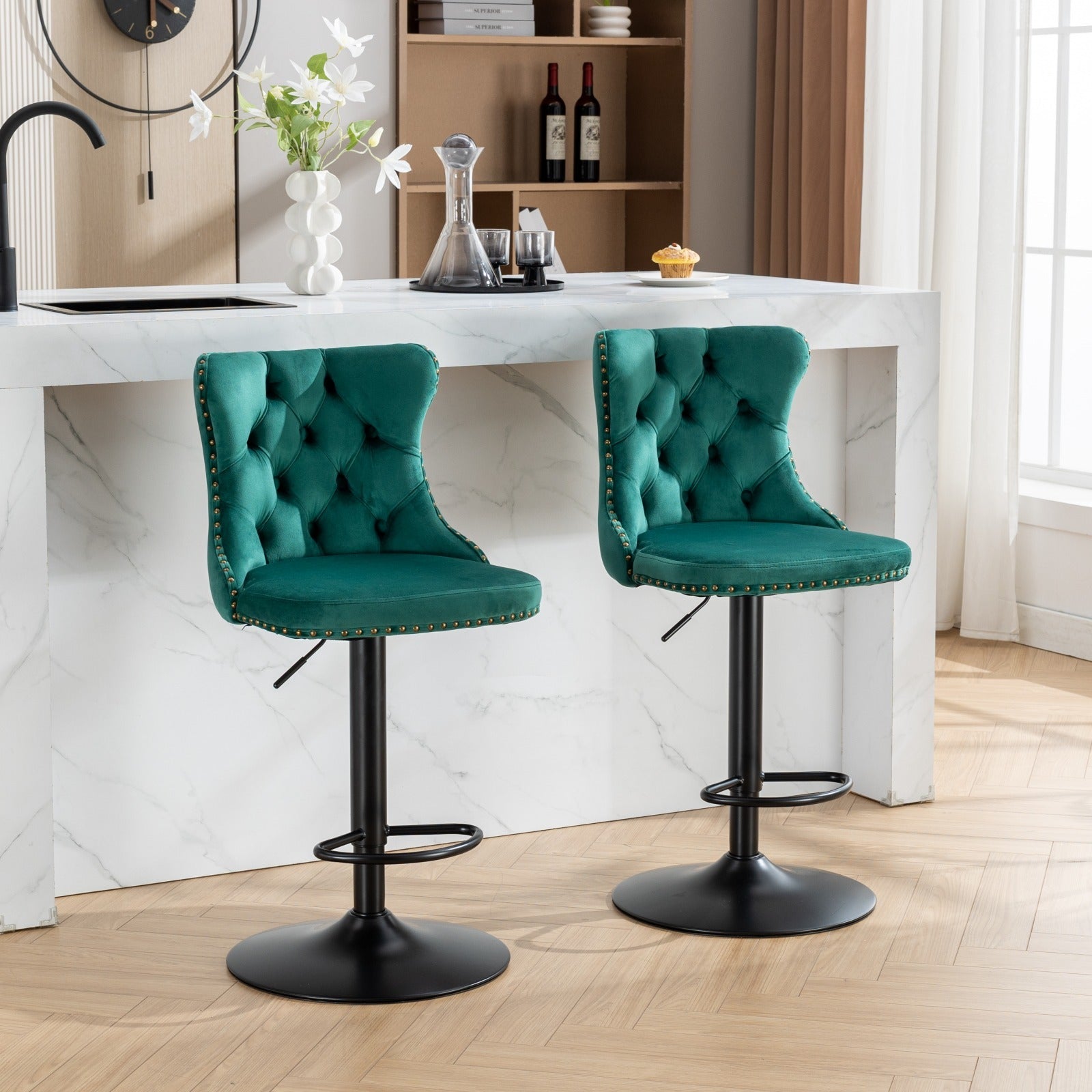 Swivel Velvet Barstools Adjusatble Seat Height from 25-33 Inch,17.7inch base, Modern Upholstered Bar Stools with Backs Comfortable Tufted for Home Pub and Kitchen Island,Green,Set of 2,SW1812GN