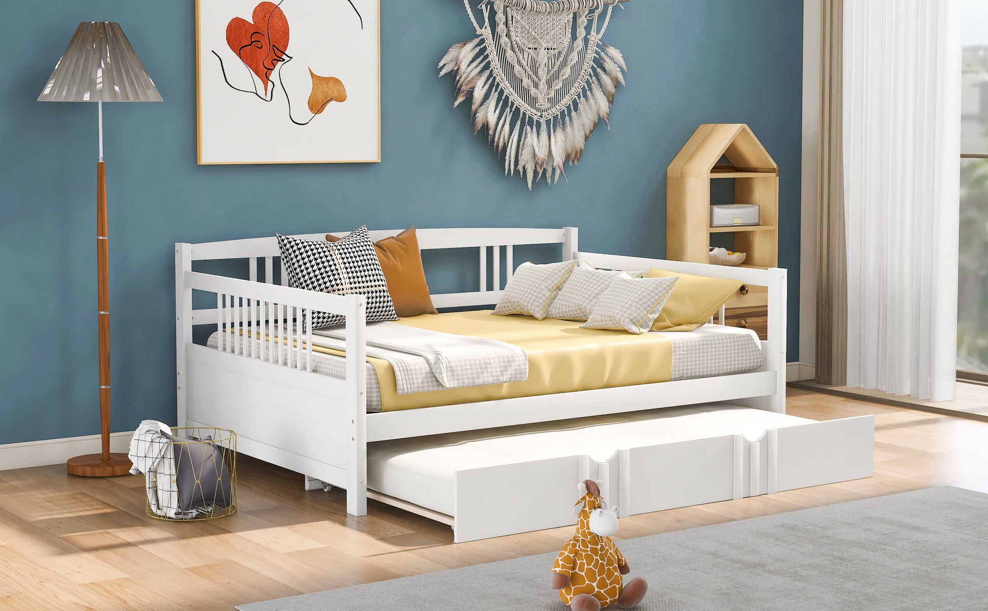 Full Size Daybed Wood Bed with Twin Size Trundle,White - Abrihome
