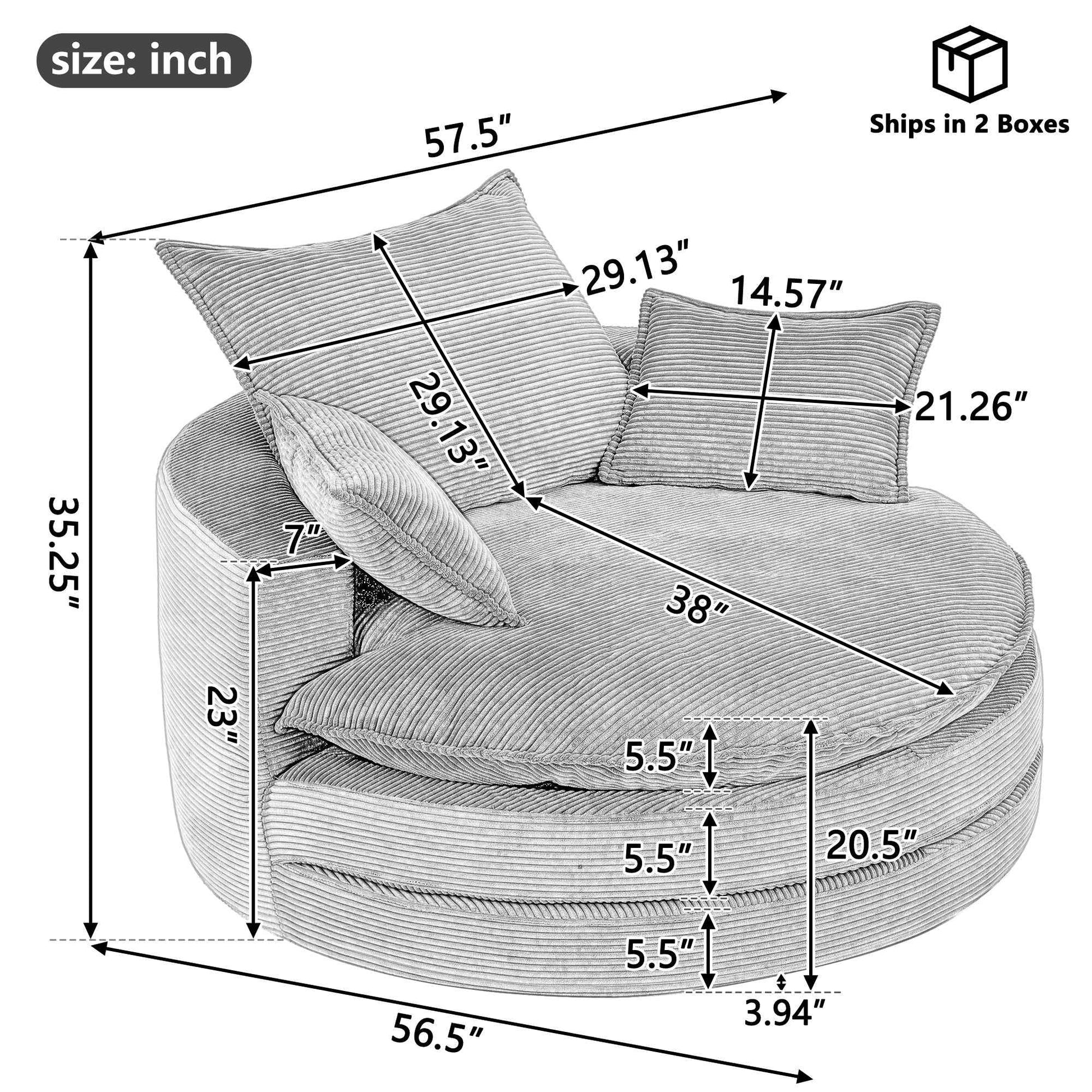 Accent Barrel Chair 360° Swivel Sofa Chair with Dual-layer Cushion and 3 Removable Pillows, Beige Corduroy, 57.5'