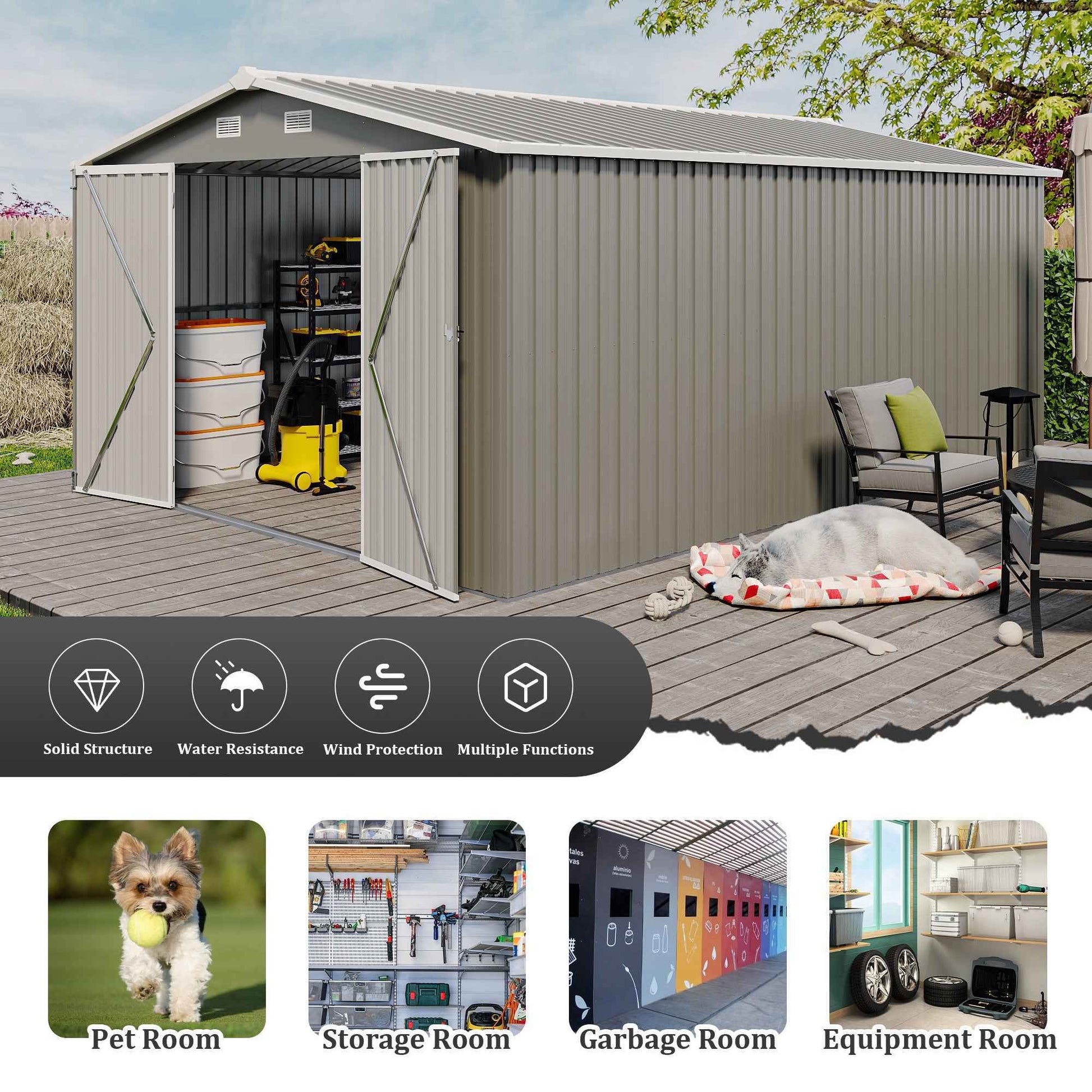 Campcraft  Outdoor Storage Shed 10×14 FT with 3 Lockable Doors,4 Air Vents & Sloped Roof,Utility Tool Shed Metal Storage Garden Sheds  Frame and 4 Vents,for Backyard,Patio,Lawn,Light Grey