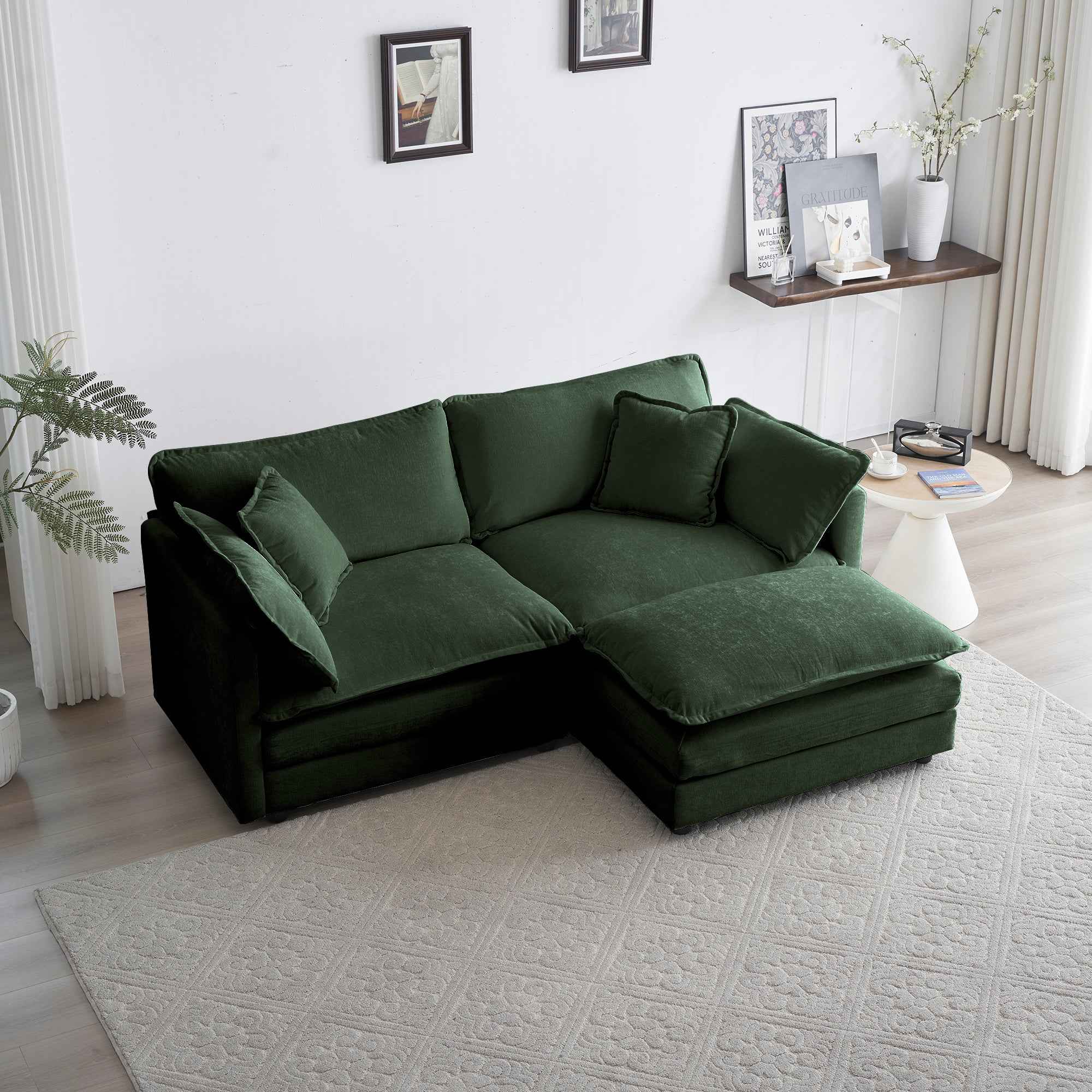 Chenille Two-Seater Sofa with 1 Footrest, 2 Seater L-Shaped Sectional with Ottoman,Loveseat with Ottoman for Small Living Space, Green Chenille