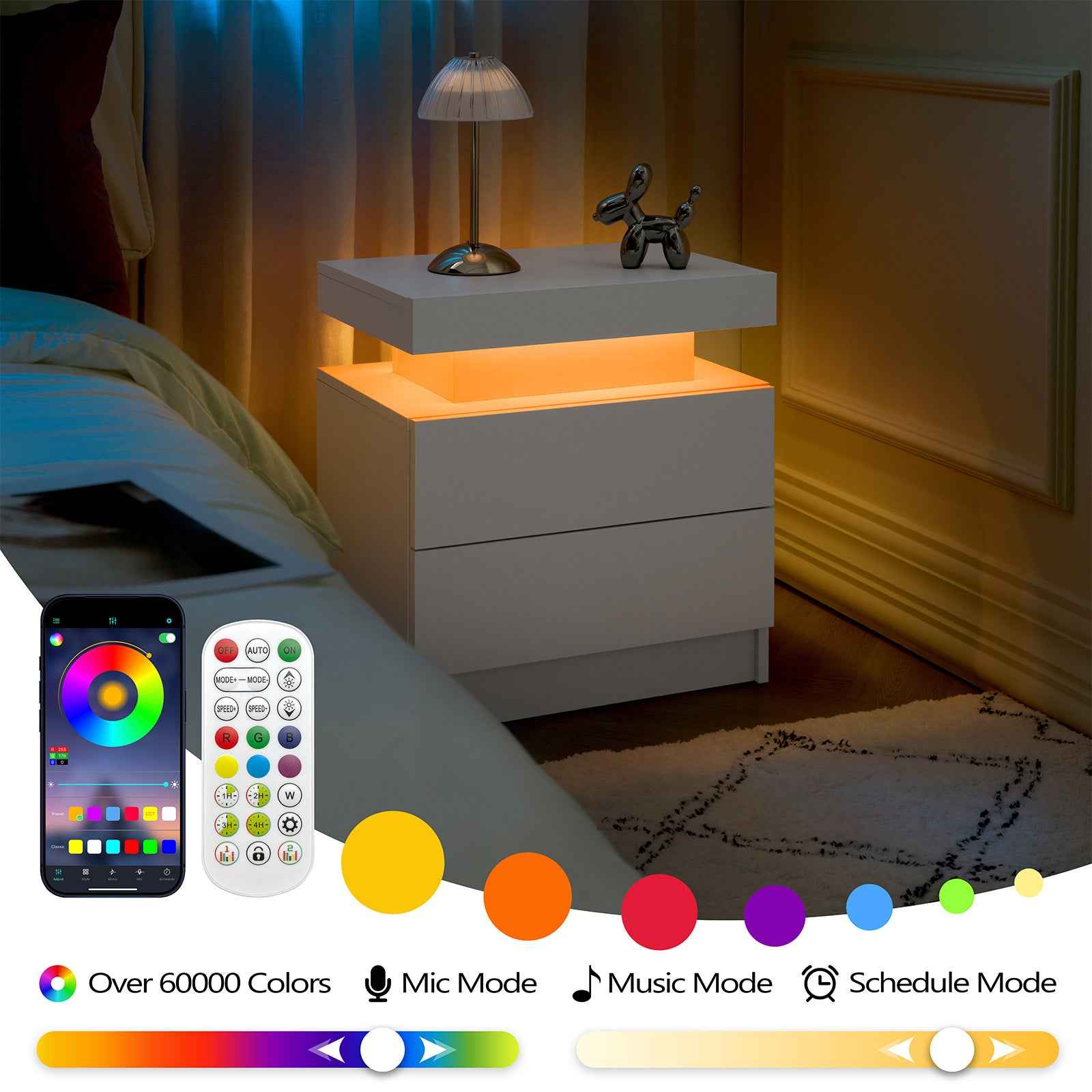 LED Nightstands Set of 2, Bedside Table Cabinet Lights Modern End Side with 2 Drawers for Bedroom (White)