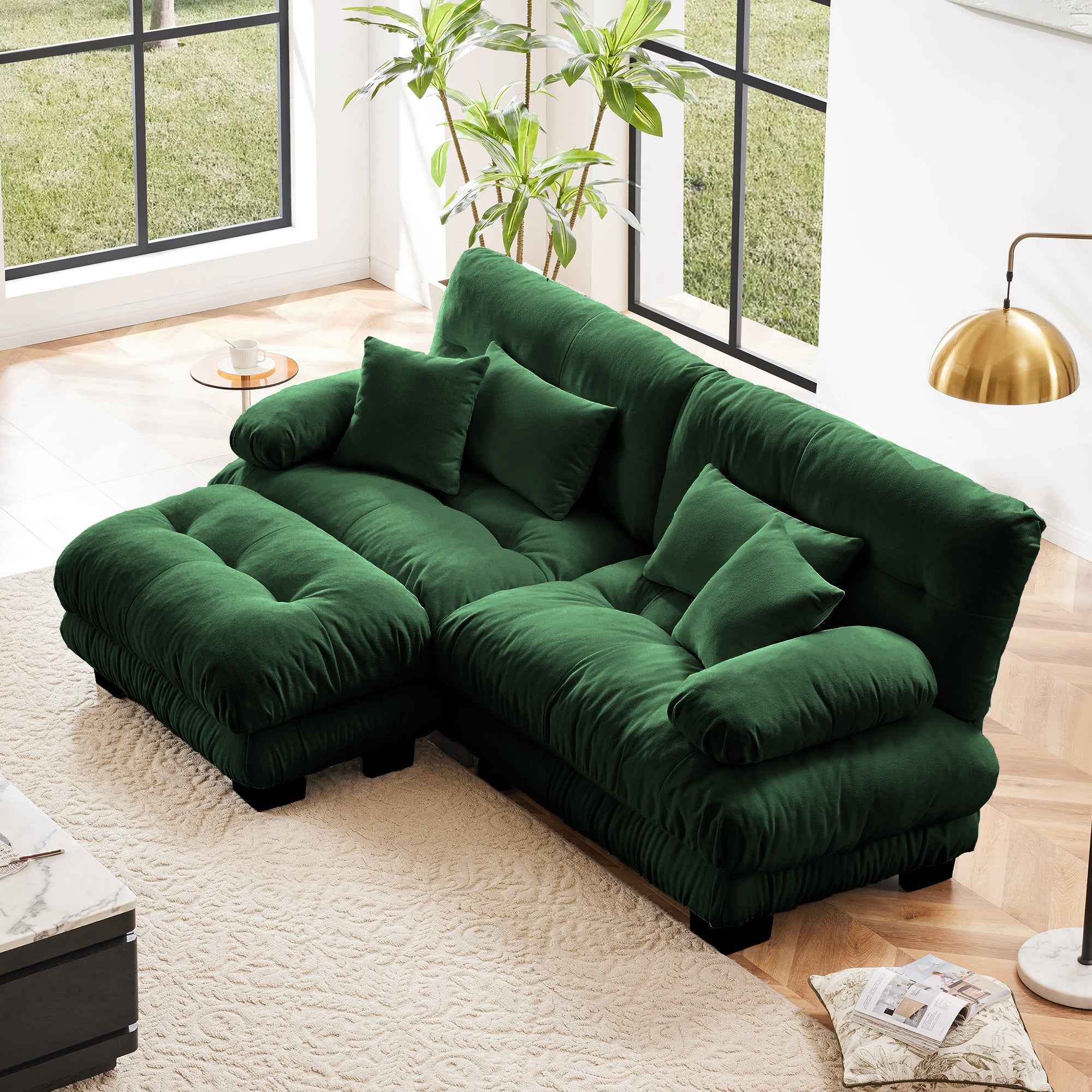 Cloud Couch Sectional Sofa for Living Room, Chenille 2 Seater Sofa with 2 Lumbar pillows and 2 throw pillows , Upholstered Wide Arm Sofa with Convertible Ottoman,Chenille Green