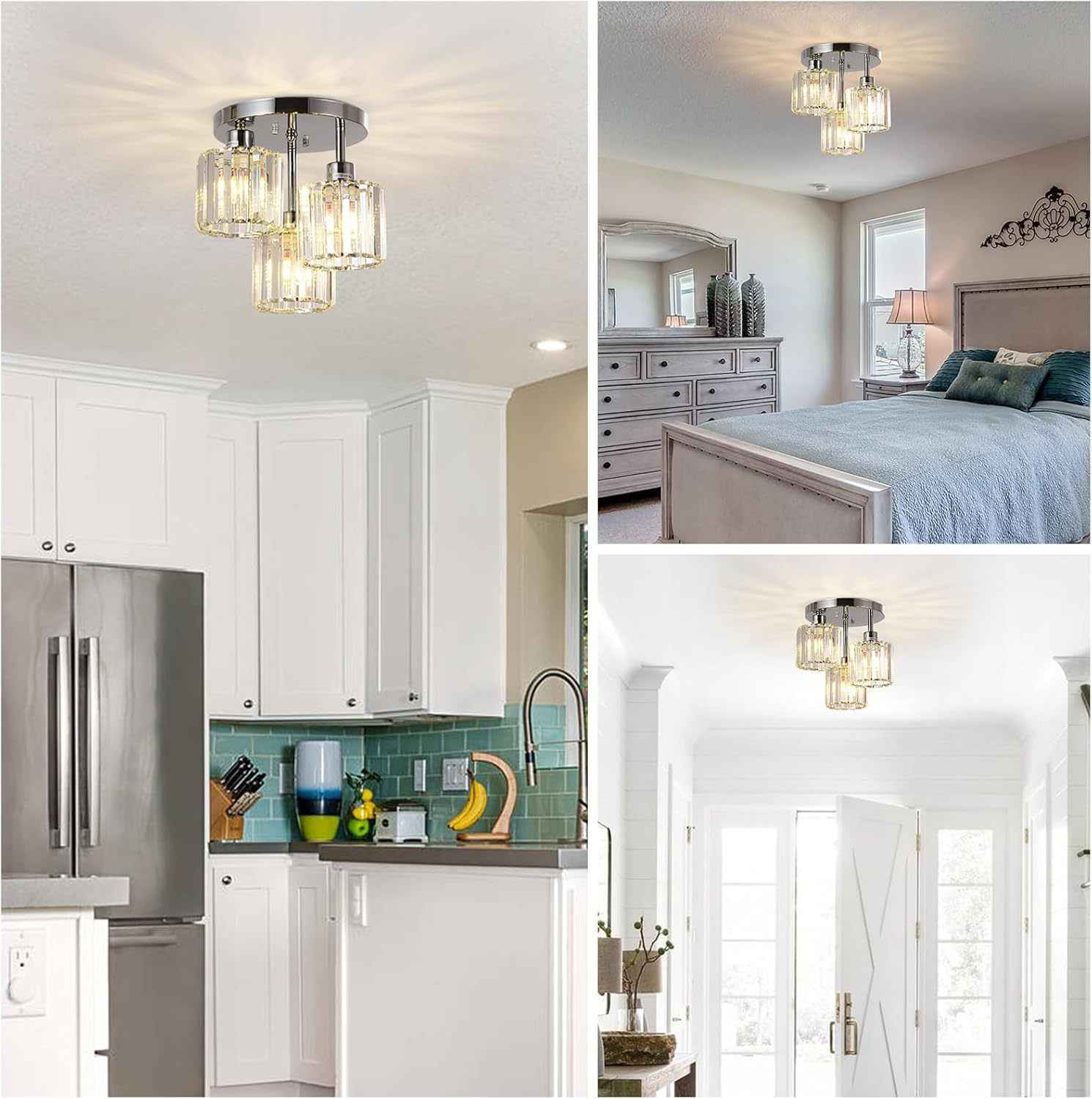 Semi Flush Mount Ceiling,3-Light Kitchen Mount,Hallway Light Fixtures Ceiling with Clear Crystal Shades for Kitchen Entryway Bedroom Bathroom Foyer