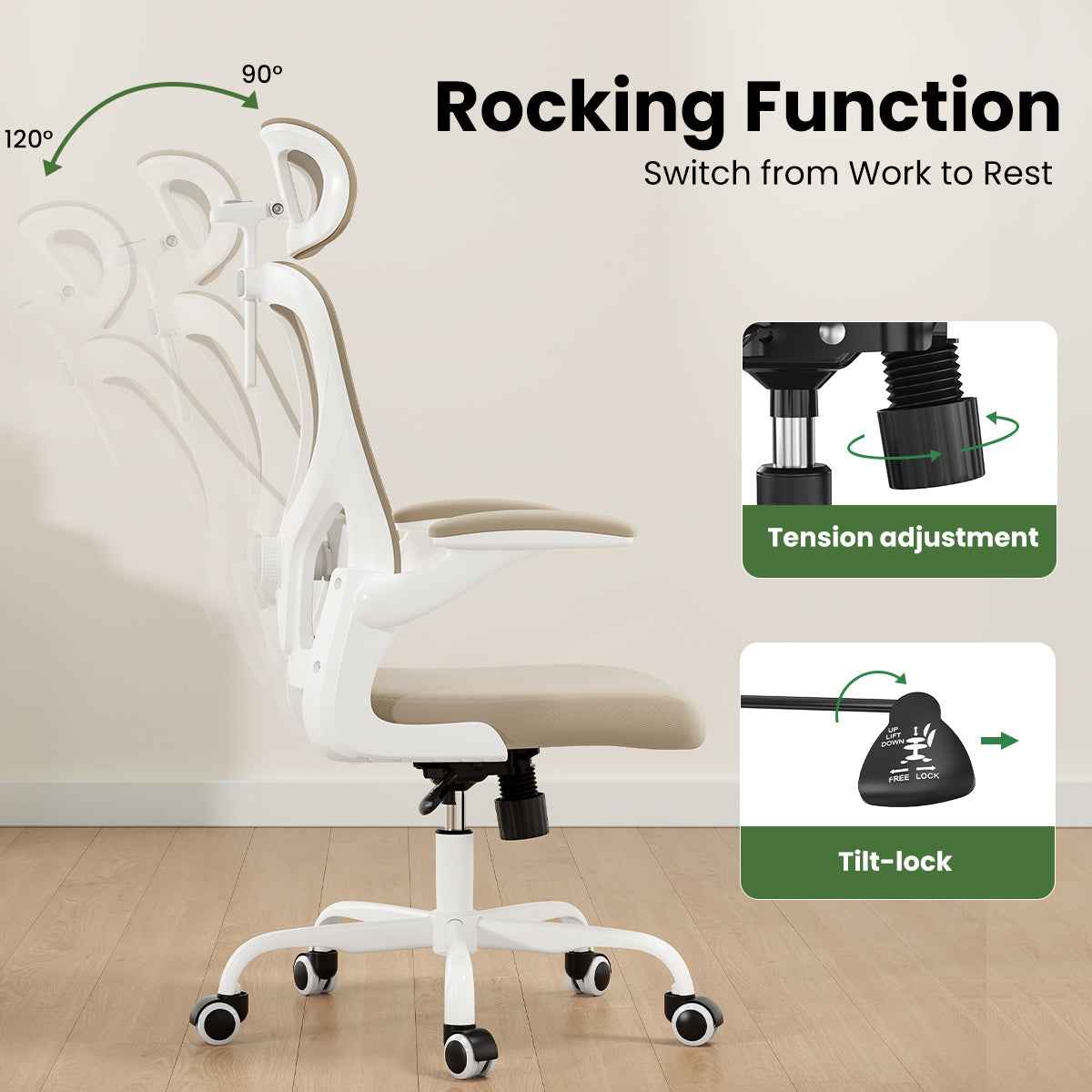 Ergonomic Office Chair, Home Office Desk Chair with Headrest, High Back Computer Chair with Armrests and Adjustable Lumbar Support for Home Office Study Room, White & Khaki