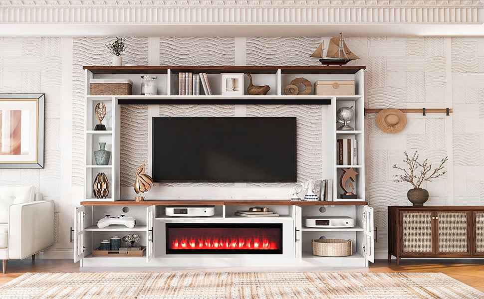 U-Can 95.5' W Wall Unit Entertainment Center with Bookshelves for TVs up to 80', Modern TV Stand Media Console with electric fireplace  Cabinets,  and Adjustable Shelves for Living Room