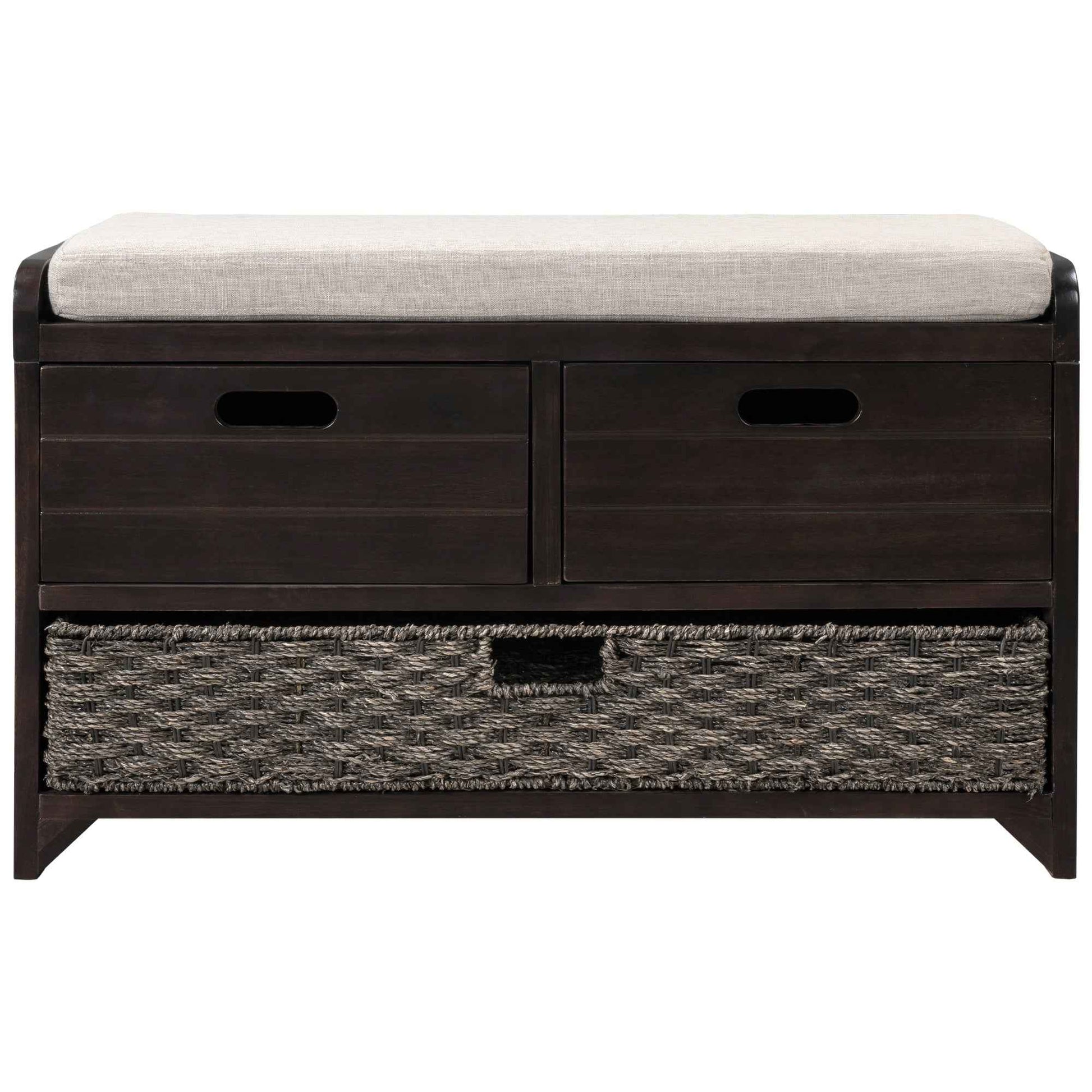 TREXM  Storage Bench with Removable Basket and 2 Drawers, Fully Assembled Shoe Bench with Removable Cushion (Espresso)