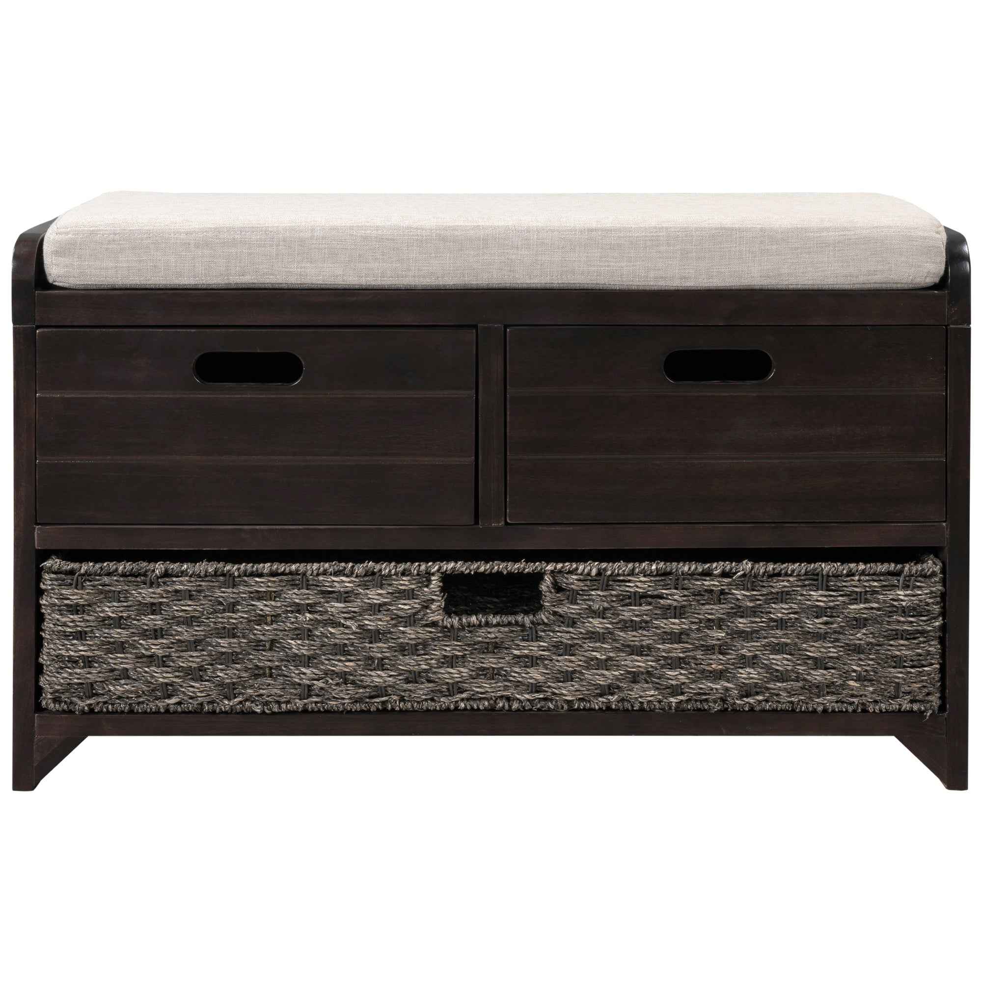 TREXM  Storage Bench with Removable Basket and 2 Drawers, Fully Assembled Shoe Bench with Removable Cushion (Espresso)