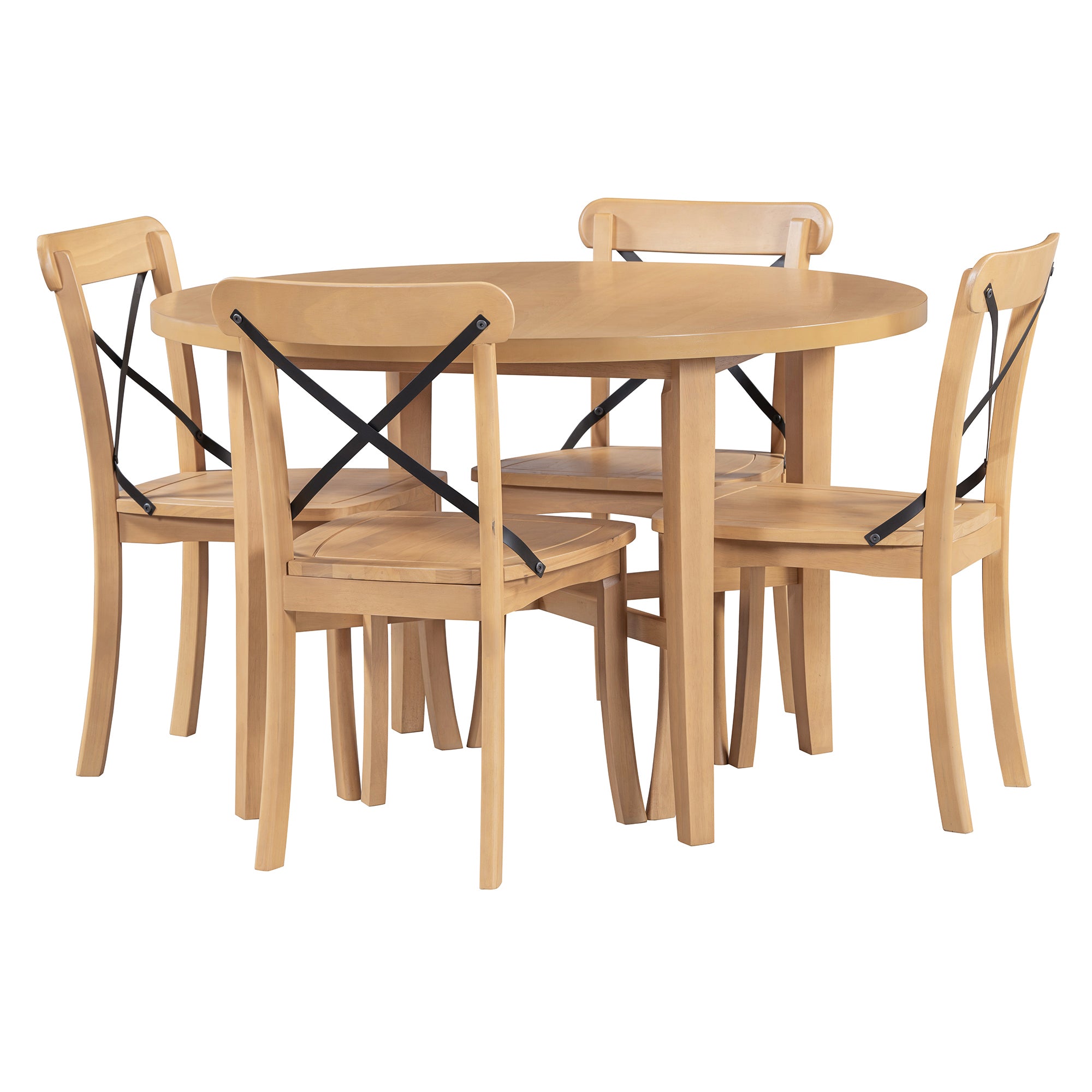 TREXM 5-piece Dining Set, Retro Simple Round Table and 4 Chairs with X-shaped Backrest for Kitchen, Dining Room and Living Room (Natural)