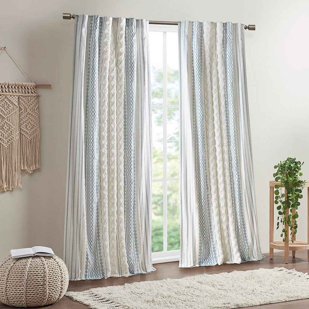 Cotton Printed Curtain Panel with Chenille Stripe and Lining White/Navy 50x95'