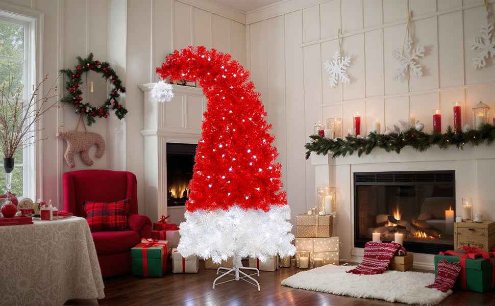 6FT Artificial Christmas Tree with LED Light, Santa's Hat Shape Artificial Whimsical Xmas Tree with 1050 Tip, Curved Xmax Tree