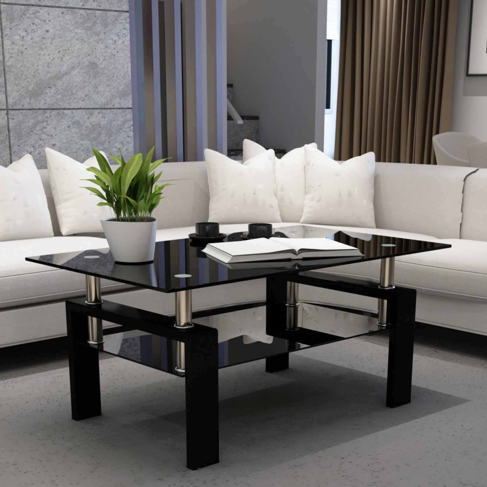 Rectangle Black Glass Coffee Table, Clear Coffee Table,Modern Side Center Tables for Living Room,Living Room Furniture (Old Sku:W24138125)