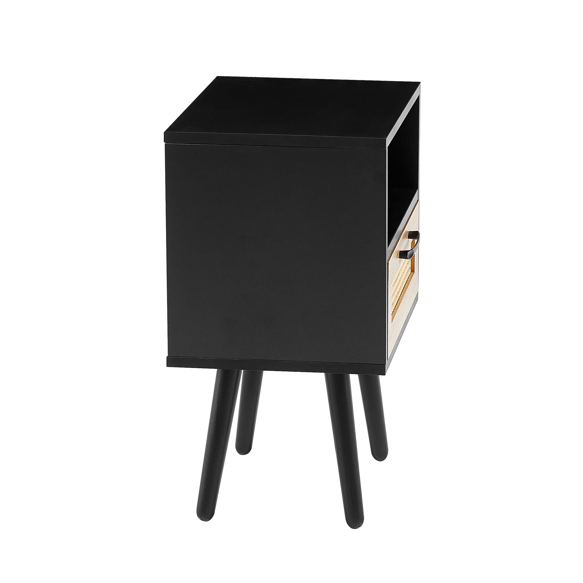 15.75" Rattan End table with  drawer and solid wood legs, Modern nightstand, side table for living room, bedroom, black