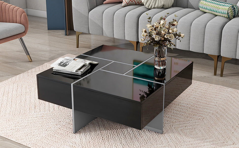 ON-TREND Unique Design Coffee Table with 4 Hidden Storage Compartments, Square Cocktail Table with Extendable Sliding Tabletop, UV High-gloss Design Center Table for Living Room, 31.5"x 31.5"