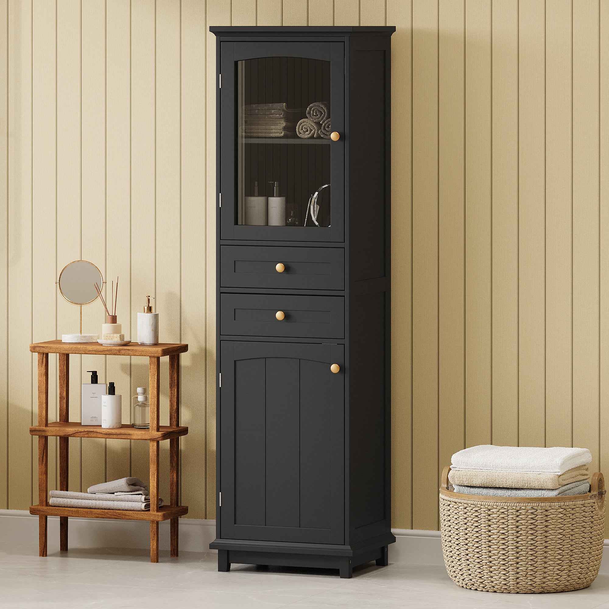 Modern 63-inch Tall Bathroom Storage Cabinet with Glass Doors, Two Drawers, Adjustable Shelves, Made of MDF with Black Painted Finish, Ideal for Organized Display