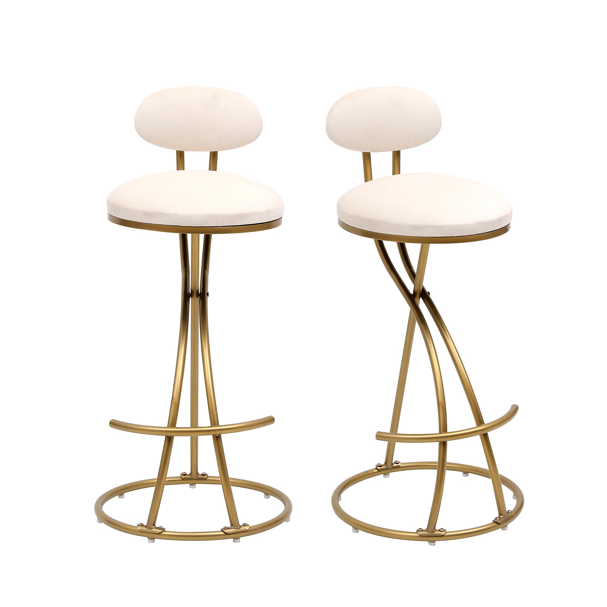 Round Bar Stool Armless Velvet Barstools with Back Set of 2 Upholstered Counter Chair for Dining Room, Kitchen Island (Gold & Creamy White)