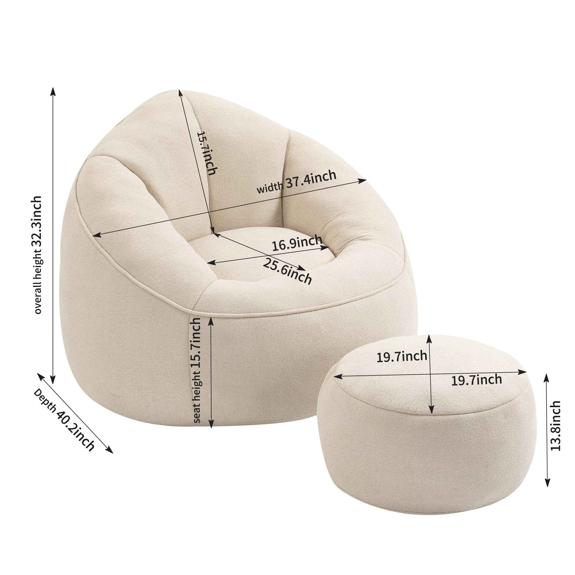 Bedding Bean Bag Sofa Chair with High-Pressure Foam and Footrest, Beige Microfiber